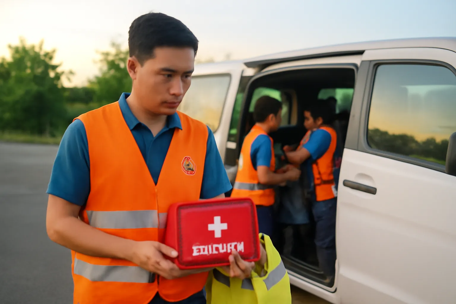 Trưởng đoàn tình nguyện người Việt kiểm tra túi sơ cứu và áo phản quang trước khi xuất phát