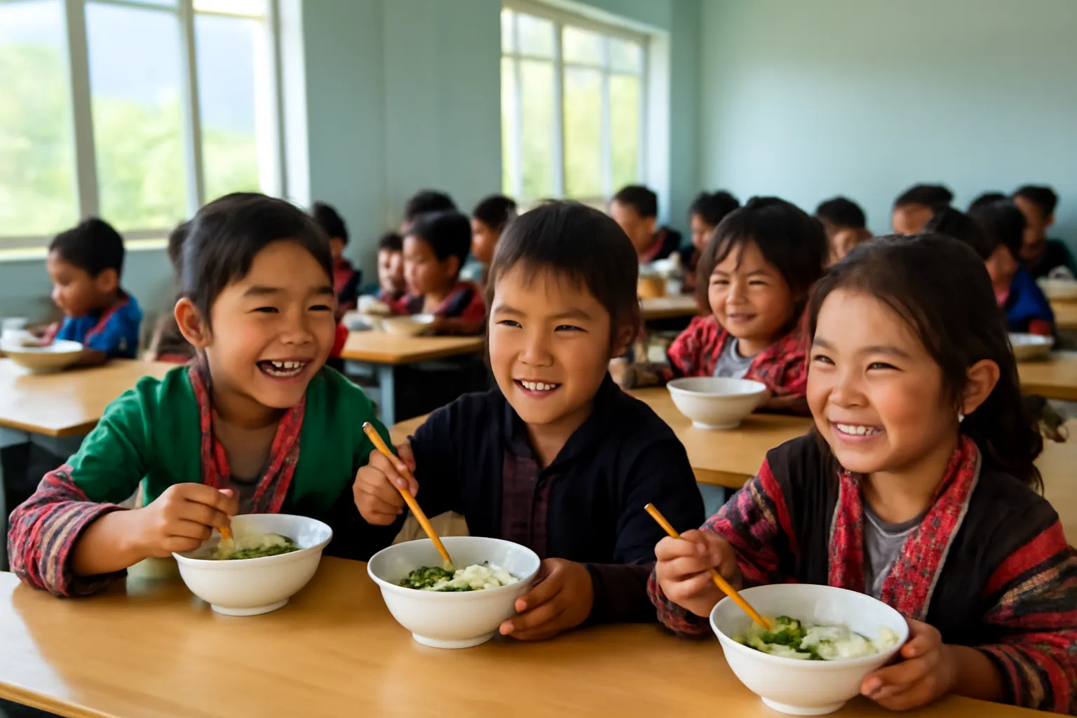 Học sinh vùng cao Việt Nam ngồi ăn trưa vui vẻ quanh bàn dài trong nhà ăn trường