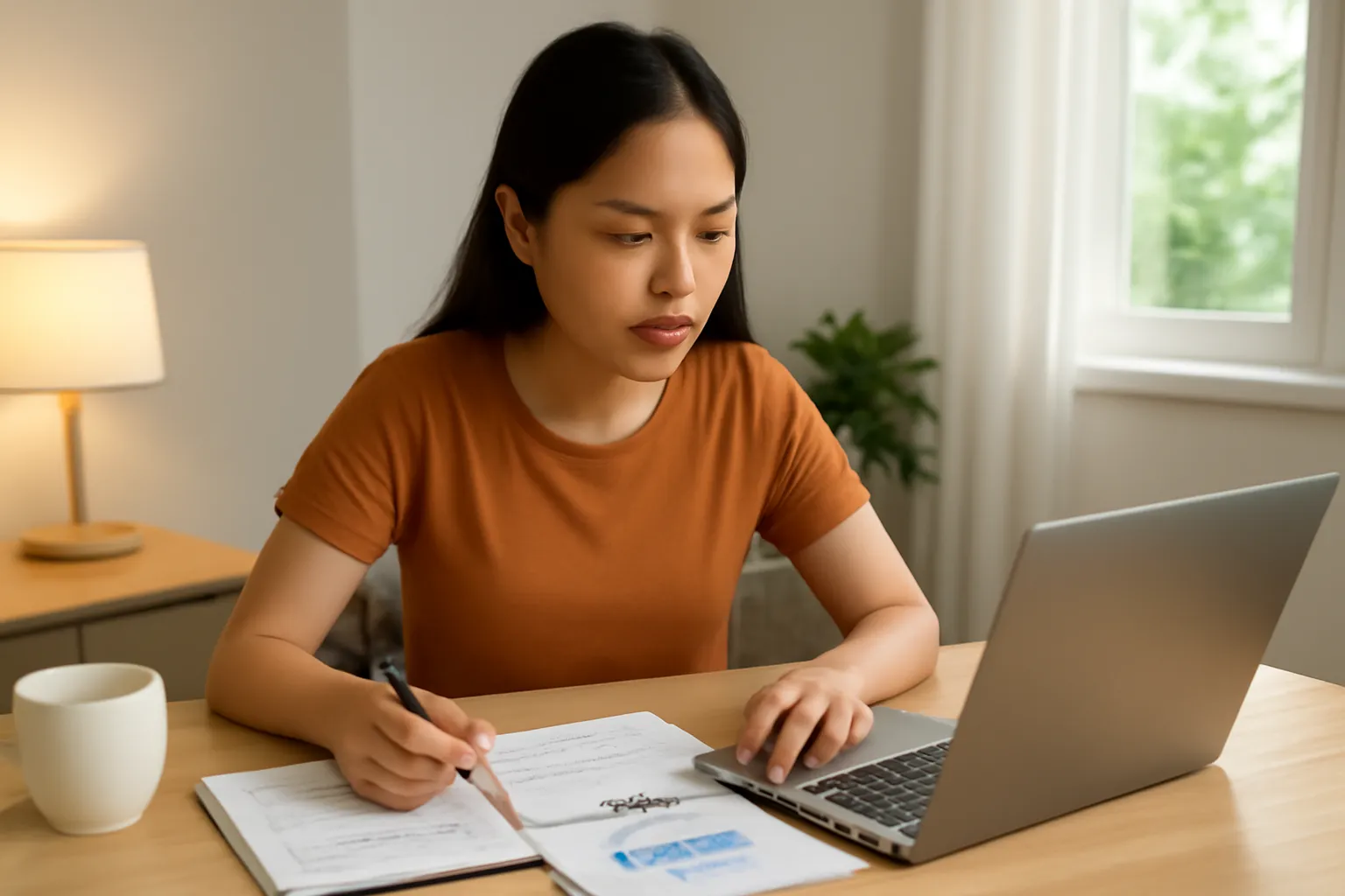 Cô gái người Việt ngồi bàn làm việc soạn bản báo cáo thu chi trên máy tính, ghi chú bên cạnh