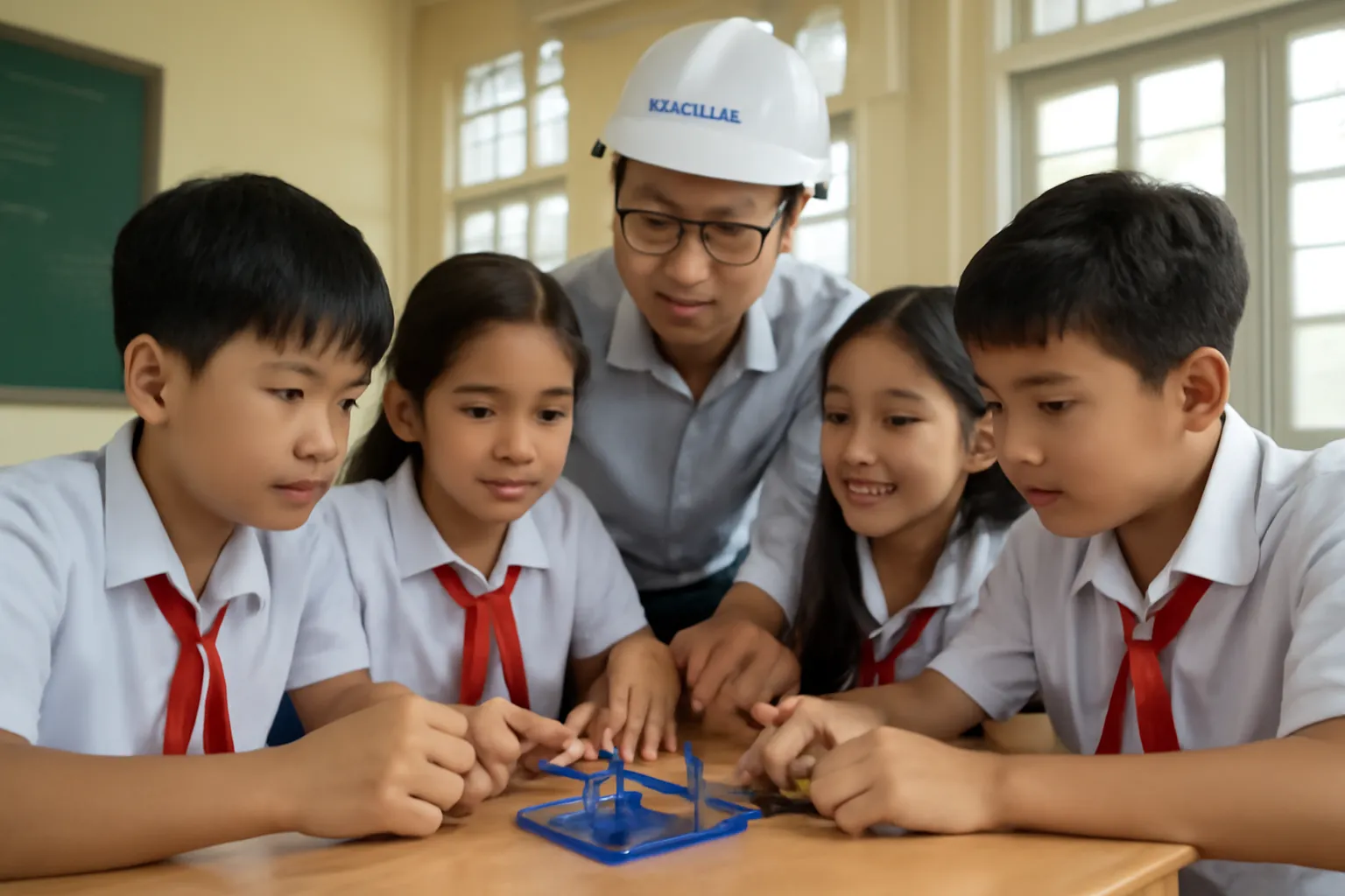 Kỹ sư người Việt hướng dẫn học sinh lắp mạch điện đơn giản trong phòng học sáng