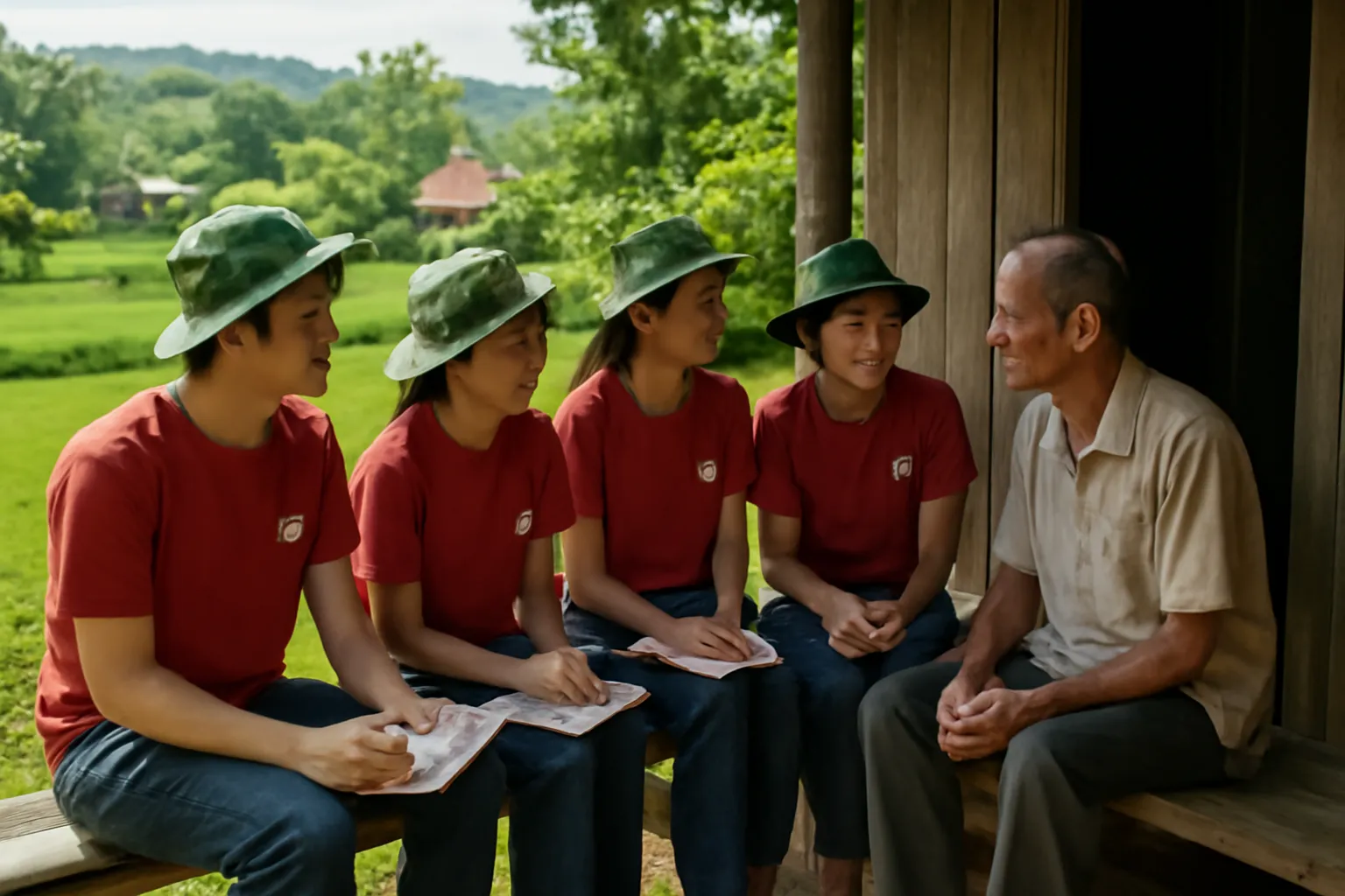 Nhóm tình nguyện viên người Việt trò chuyện với người dân trước hiên nhà ở vùng quê