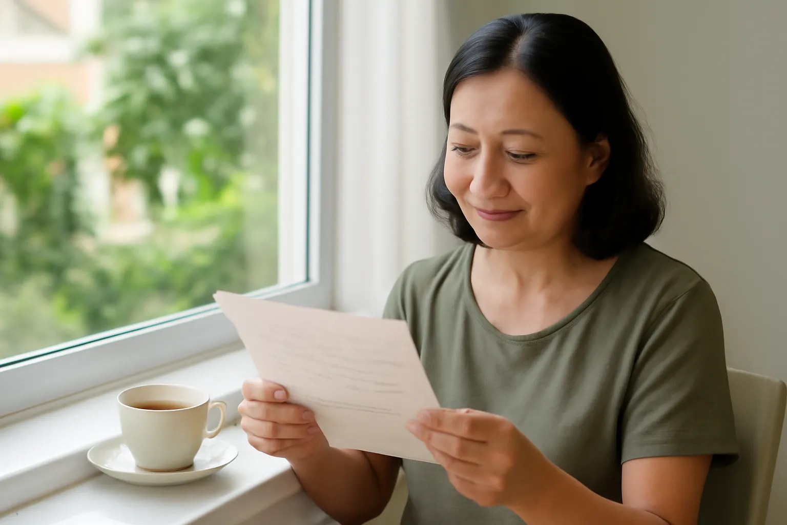 Người phụ nữ Việt trung niên ngồi bên cửa sổ đọc một lá thư tay, mỉm cười nhẹ