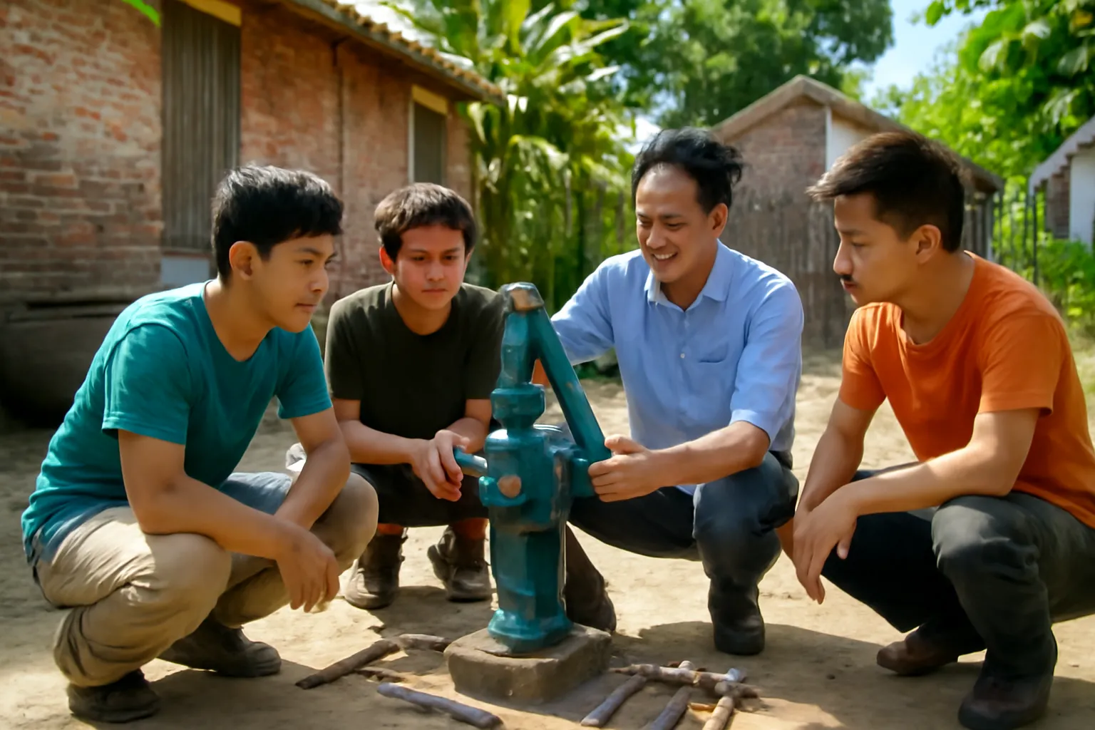 Kỹ sư người Việt hướng dẫn thanh niên địa phương sửa máy bơm nước ở vùng quê