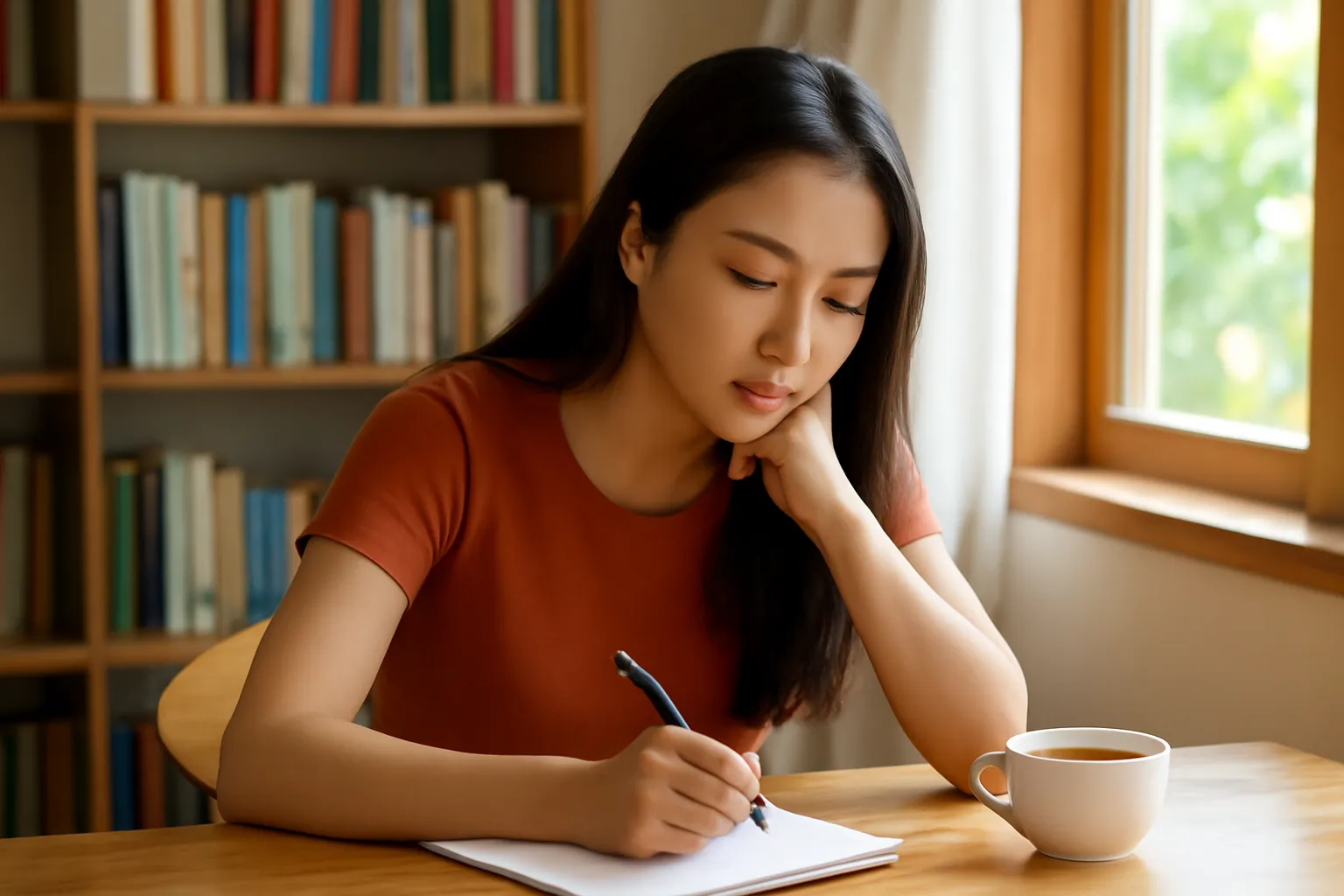 Cô gái người Việt ngồi bên bàn gỗ ghi chép, sau lưng là kệ sách và cửa sổ nhiều nắng