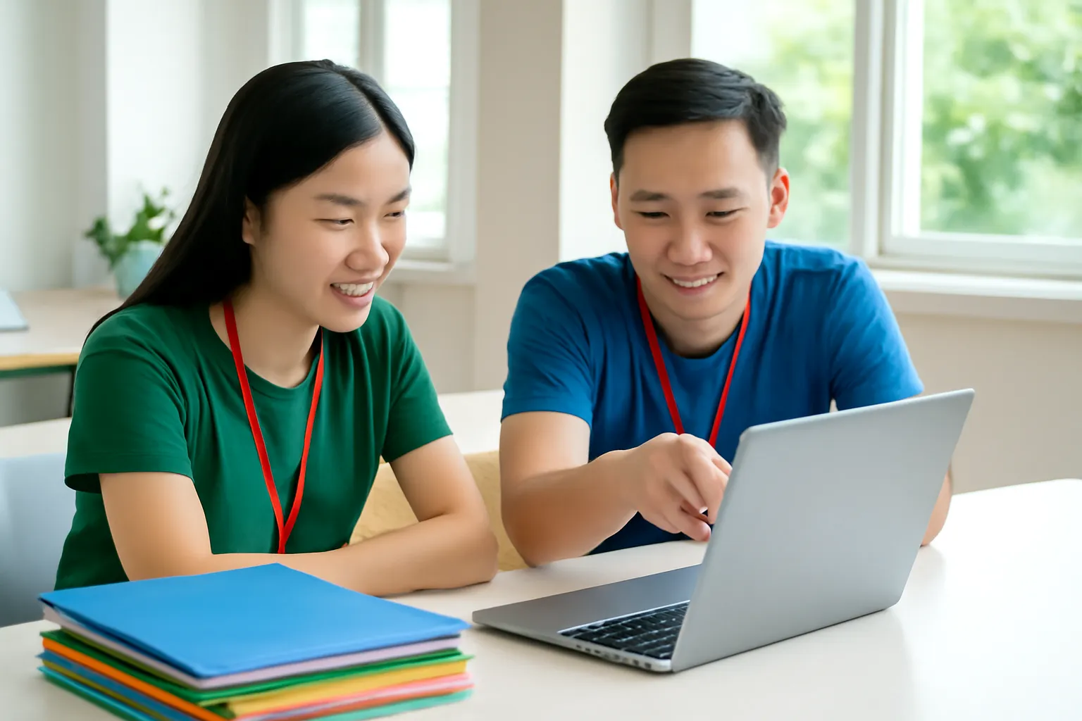 Hai người Việt cùng xem bảng tính trên máy tính xách tay tại bàn làm việc sáng sủa