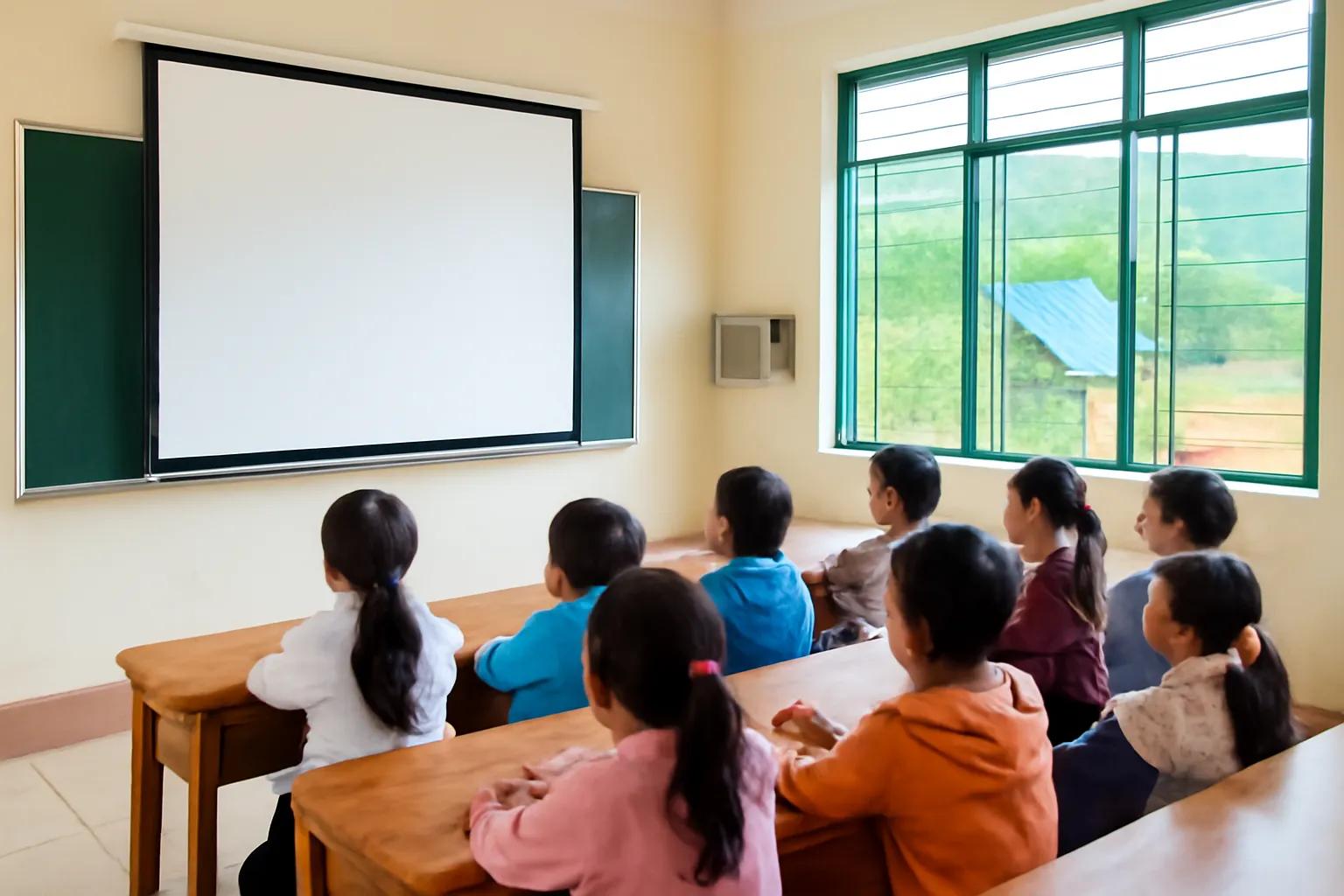 Học sinh vùng cao Việt Nam chăm chú nhìn màn chiếu trống trong lớp học có tấm pin mặt trời ngoài cửa sổ