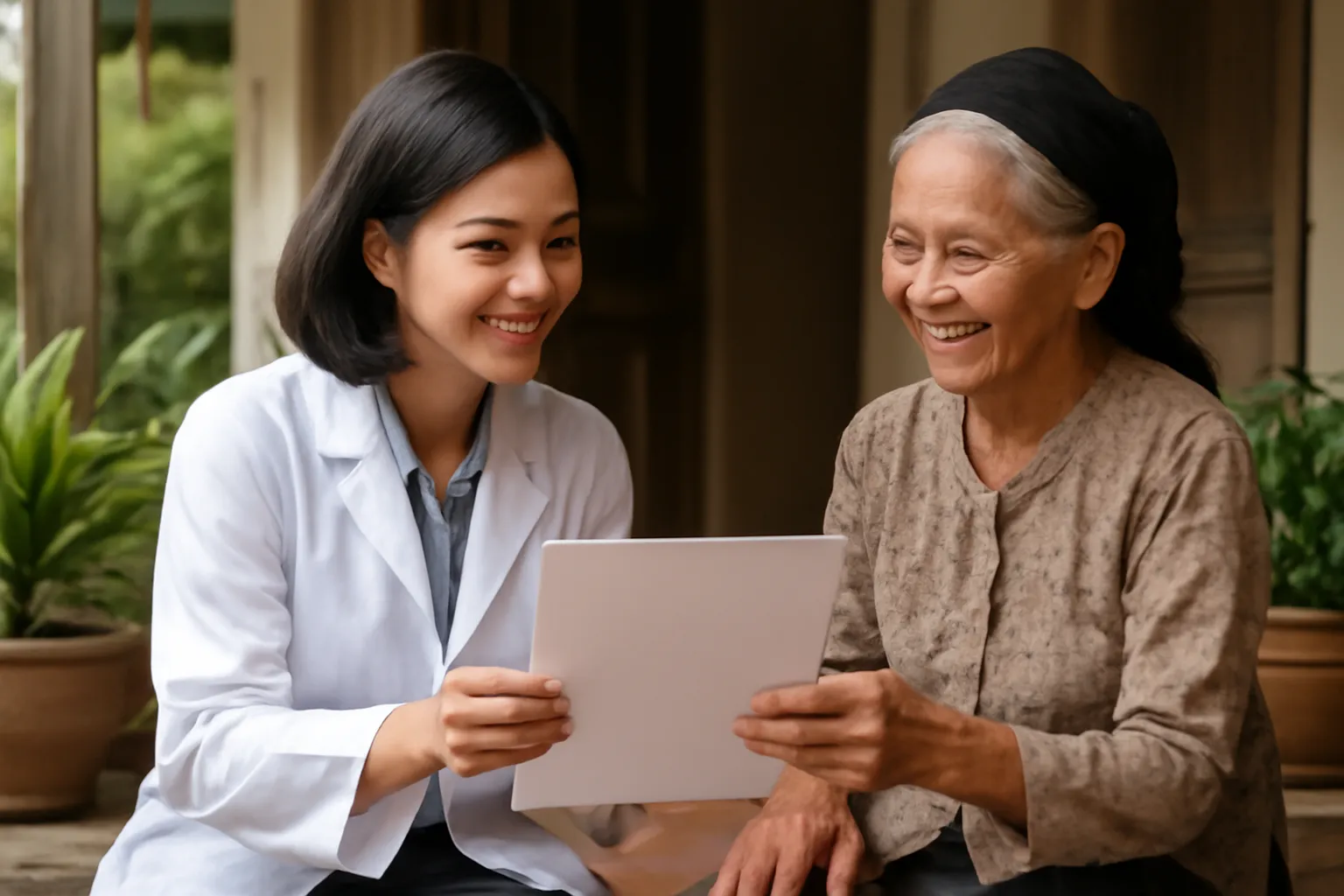 Nhà nghiên cứu người Việt giải thích tờ thông tin cho một phụ nữ lớn tuổi tại hiên nhà