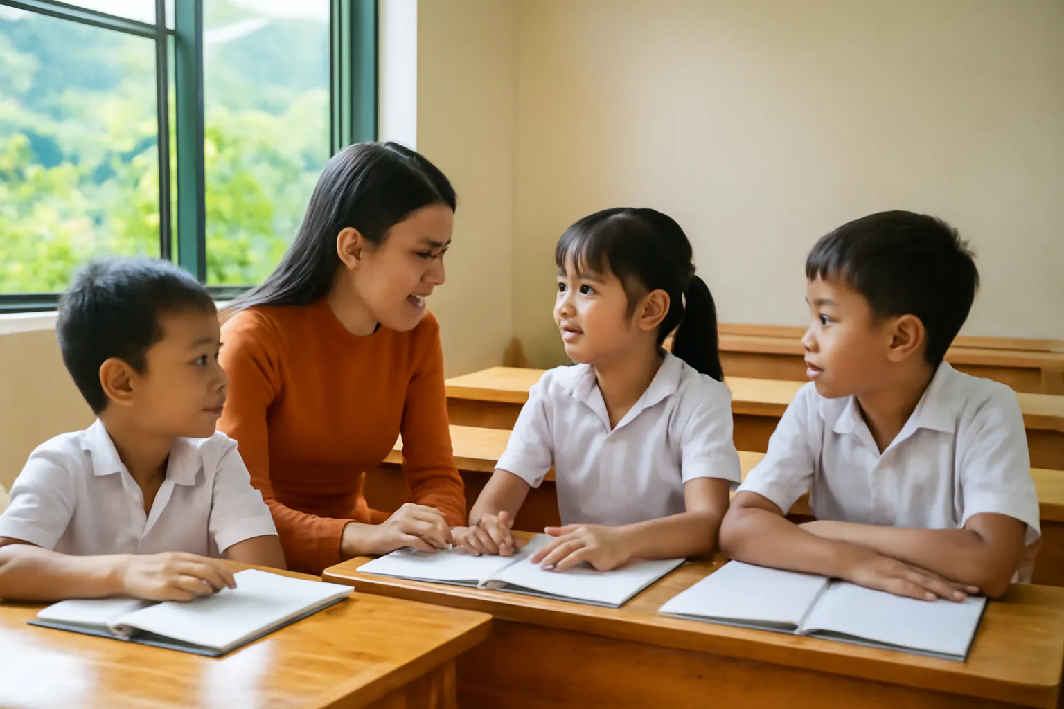 Cô giáo người Việt trò chuyện với học sinh tiểu học trong lớp học vùng núi sáng sủa