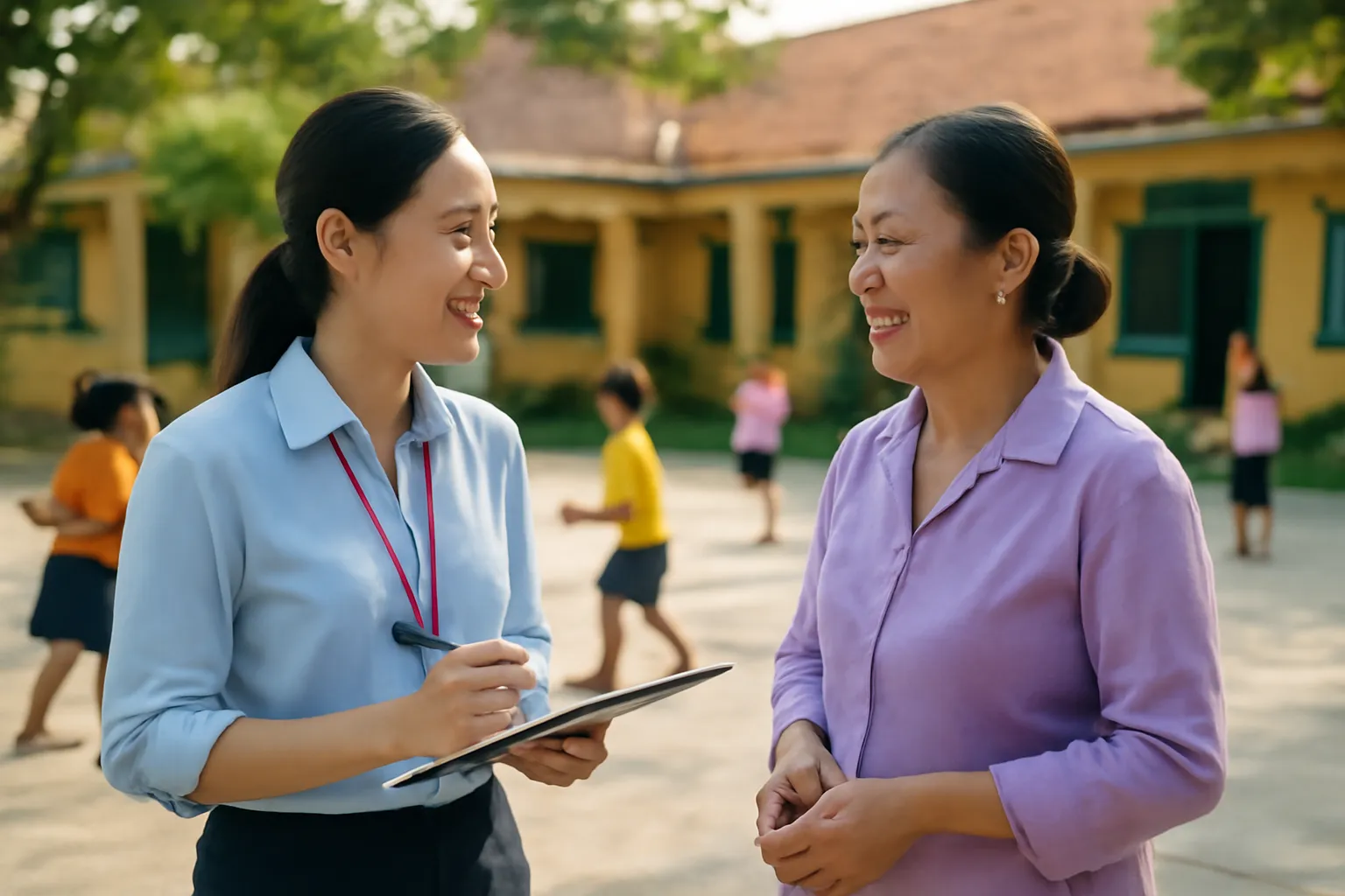 Nhân viên phụ trách cộng đồng người Việt ghi chép phản hồi từ giáo viên tại một điểm trường
