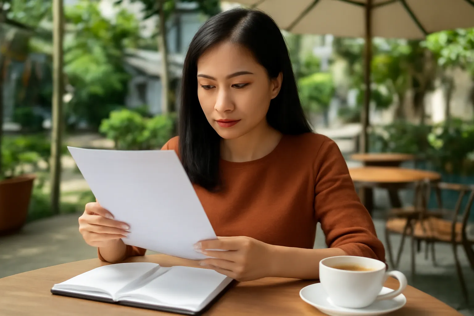 Người phụ nữ Việt ngồi bàn cà phê đọc một tập tài liệu in, bên cạnh có cuốn sổ và cây bút