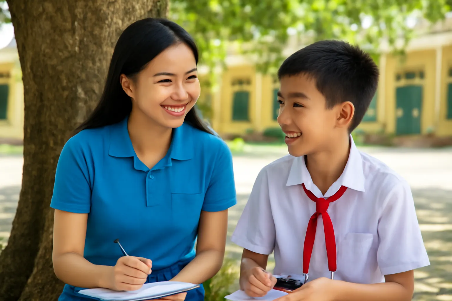 Tình nguyện viên người Việt trò chuyện với học sinh cấp hai dưới gốc cây sân trường