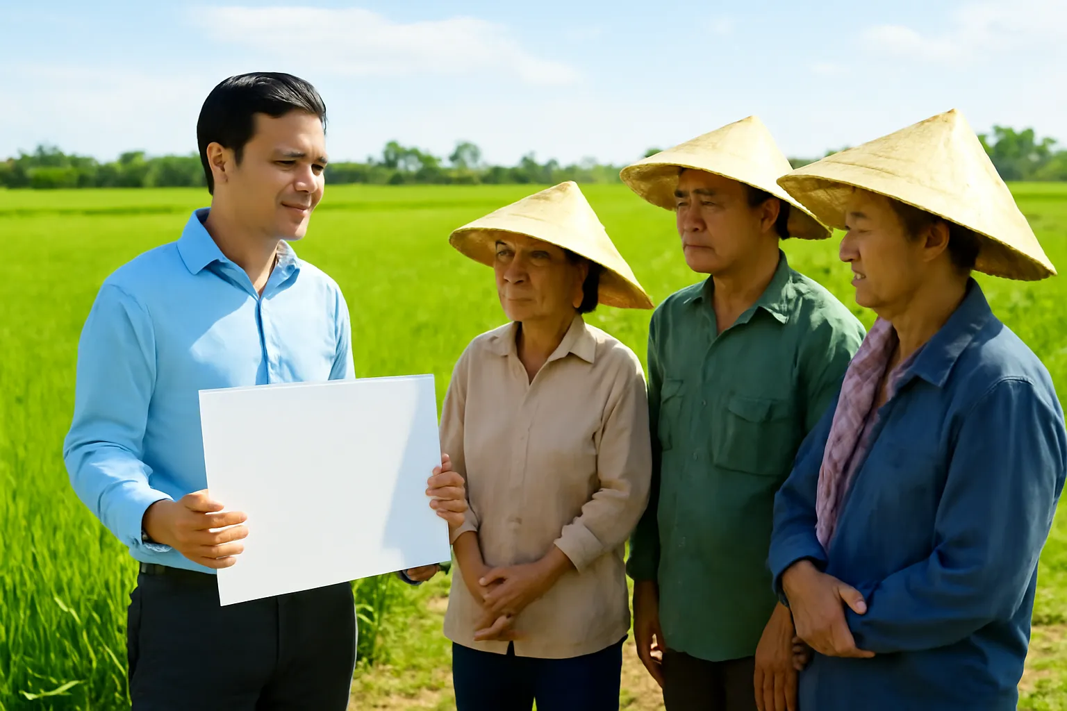 Nhà nghiên cứu người Việt nói chuyện với nông dân bên ruộng lúa, cầm tờ giấy minh hoạ trống