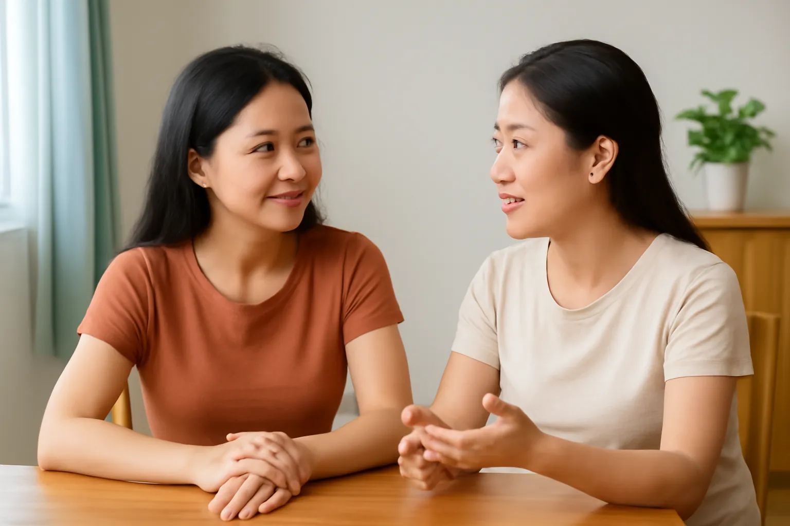 Hai người phụ nữ Việt trò chuyện ngang hàng bên bàn gỗ, một người lắng nghe chăm chú