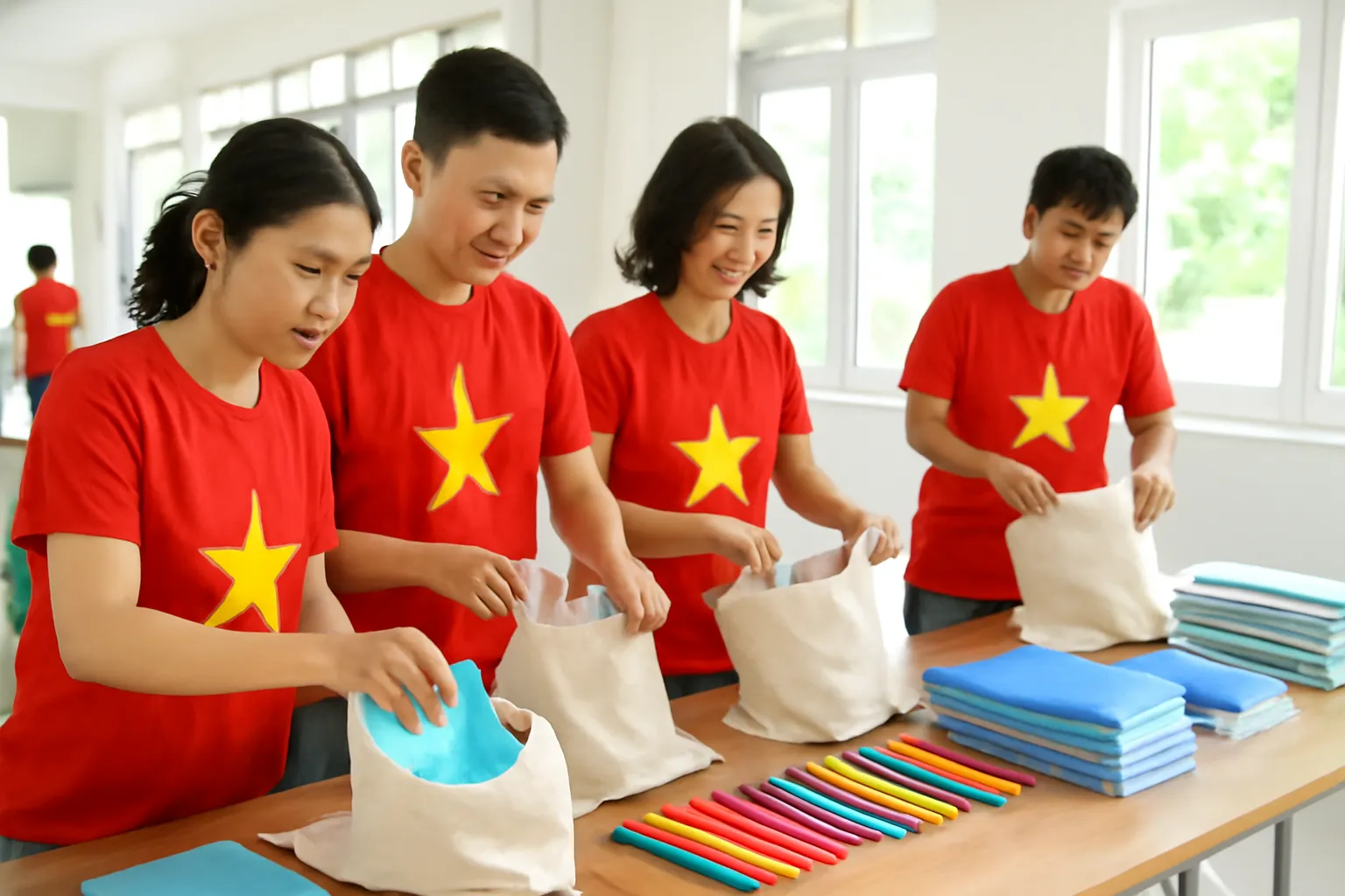 Tình nguyện viên người Việt sắp xếp vở bút vào các túi vải trong một phòng sáng