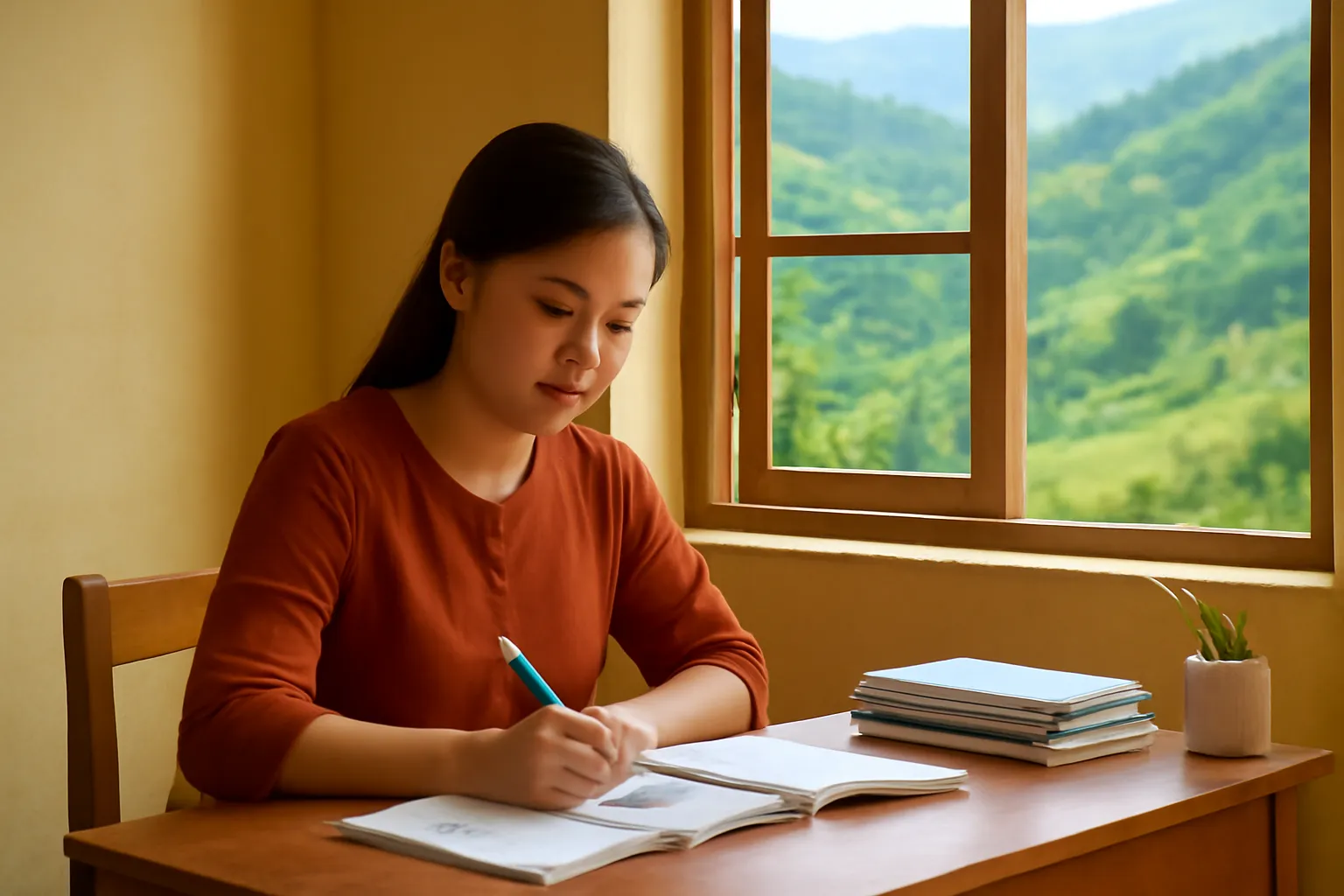 Cô giáo trẻ người Việt soạn bài bên bàn gỗ trong căn phòng nhỏ ở bản, cửa sổ nhìn ra núi