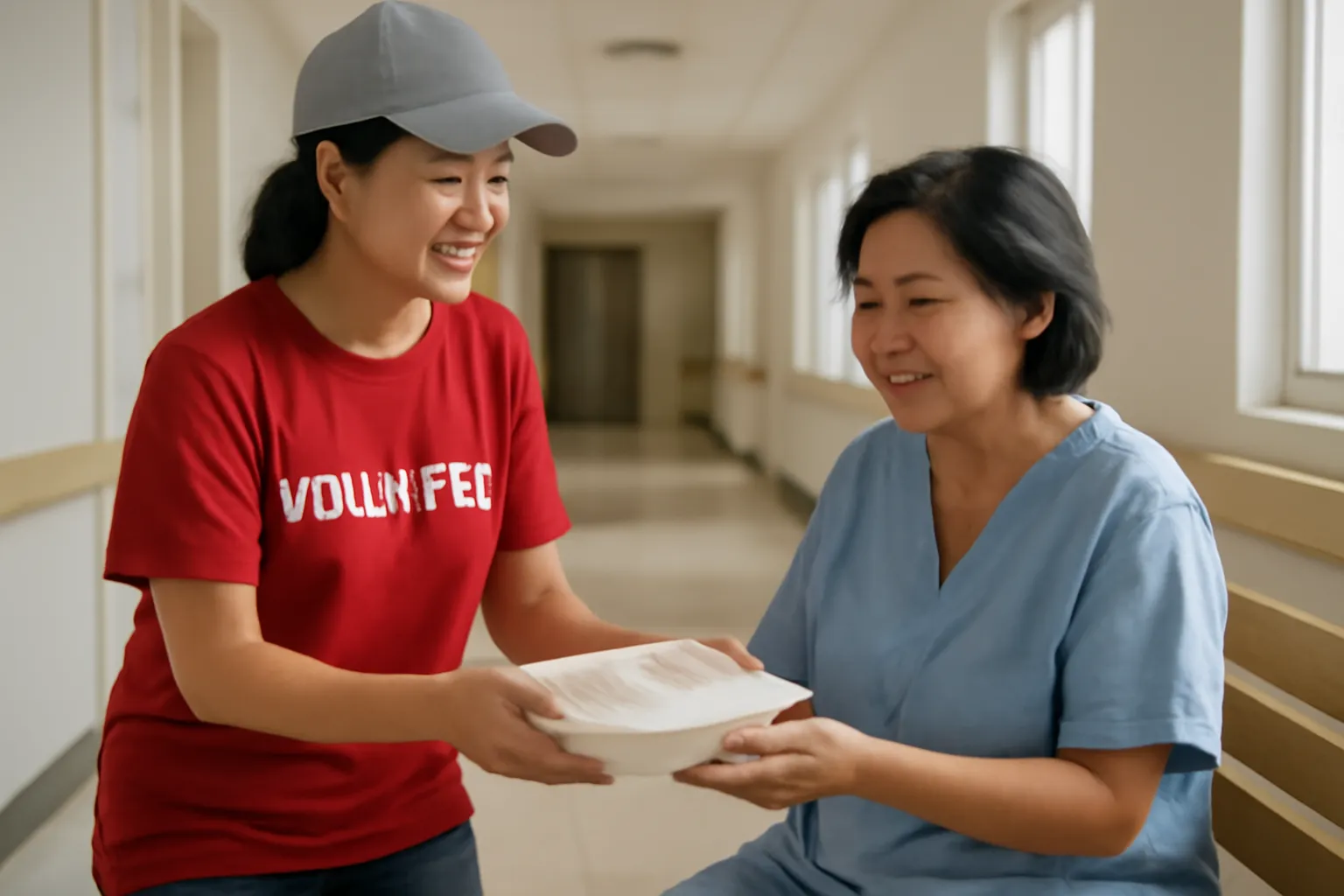 Tình nguyện viên người Việt trao hộp cơm cho người nhà bệnh nhân ở hành lang bệnh viện