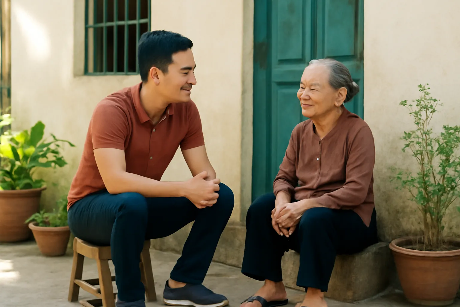 Thanh niên người Việt ngồi trò chuyện cùng cụ bà trước hiên nhà, cụ cười hiền