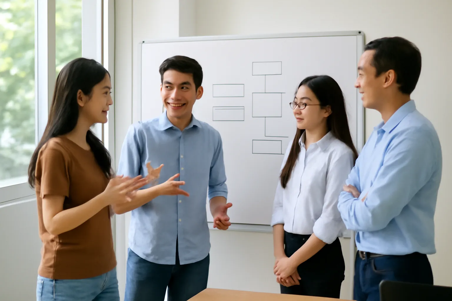 Nhóm sinh viên người Việt thảo luận quanh bảng trắng đầy sơ đồ trong phòng học sáng