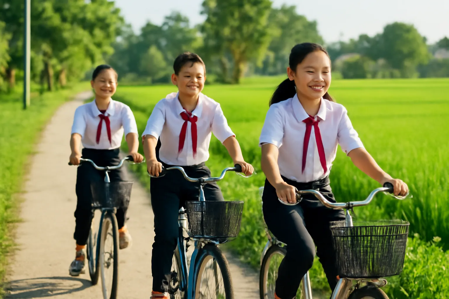 Học sinh người Việt đạp xe đến trường trên con đường làng buổi sáng