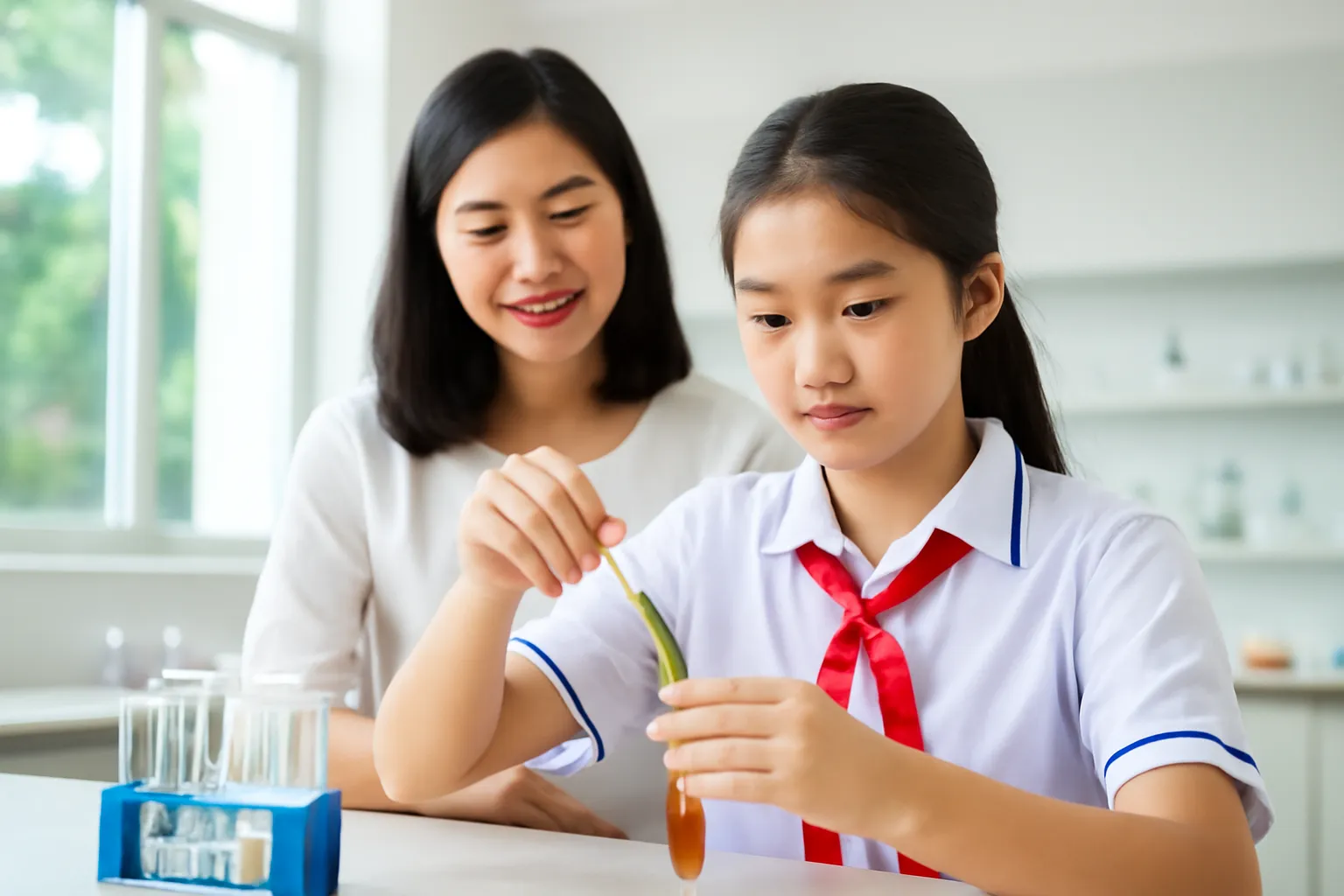 Nữ sinh người Việt tập trung làm thí nghiệm khoa học trong phòng thí nghiệm trường học