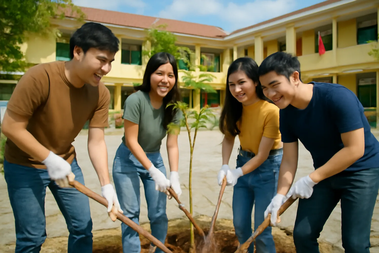 Nhóm sinh viên người Việt cùng trồng cây xanh trong sân một trường tiểu học