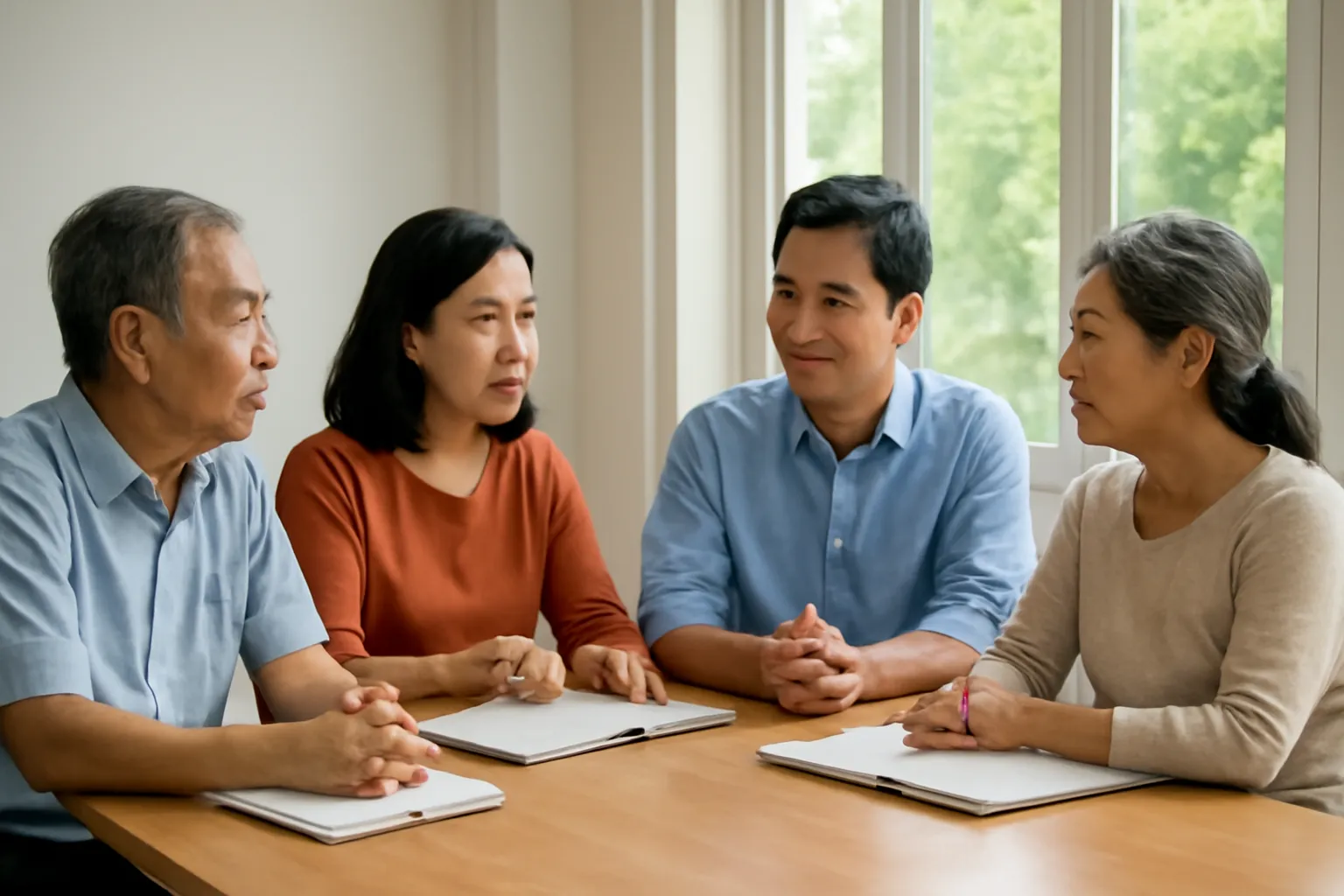 Nhóm người Việt nhiều độ tuổi ngồi quanh bàn họp thảo luận, ánh sáng tự nhiên