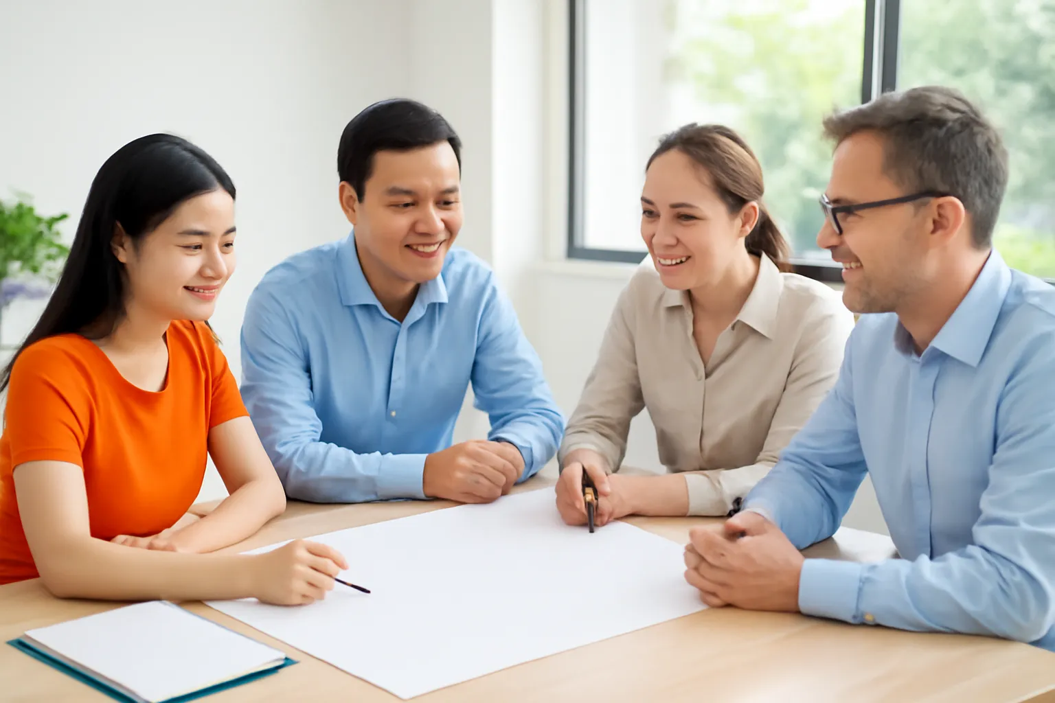 Đại diện tổ chức người Việt và đối tác nước ngoài cùng xem kế hoạch trên bàn họp