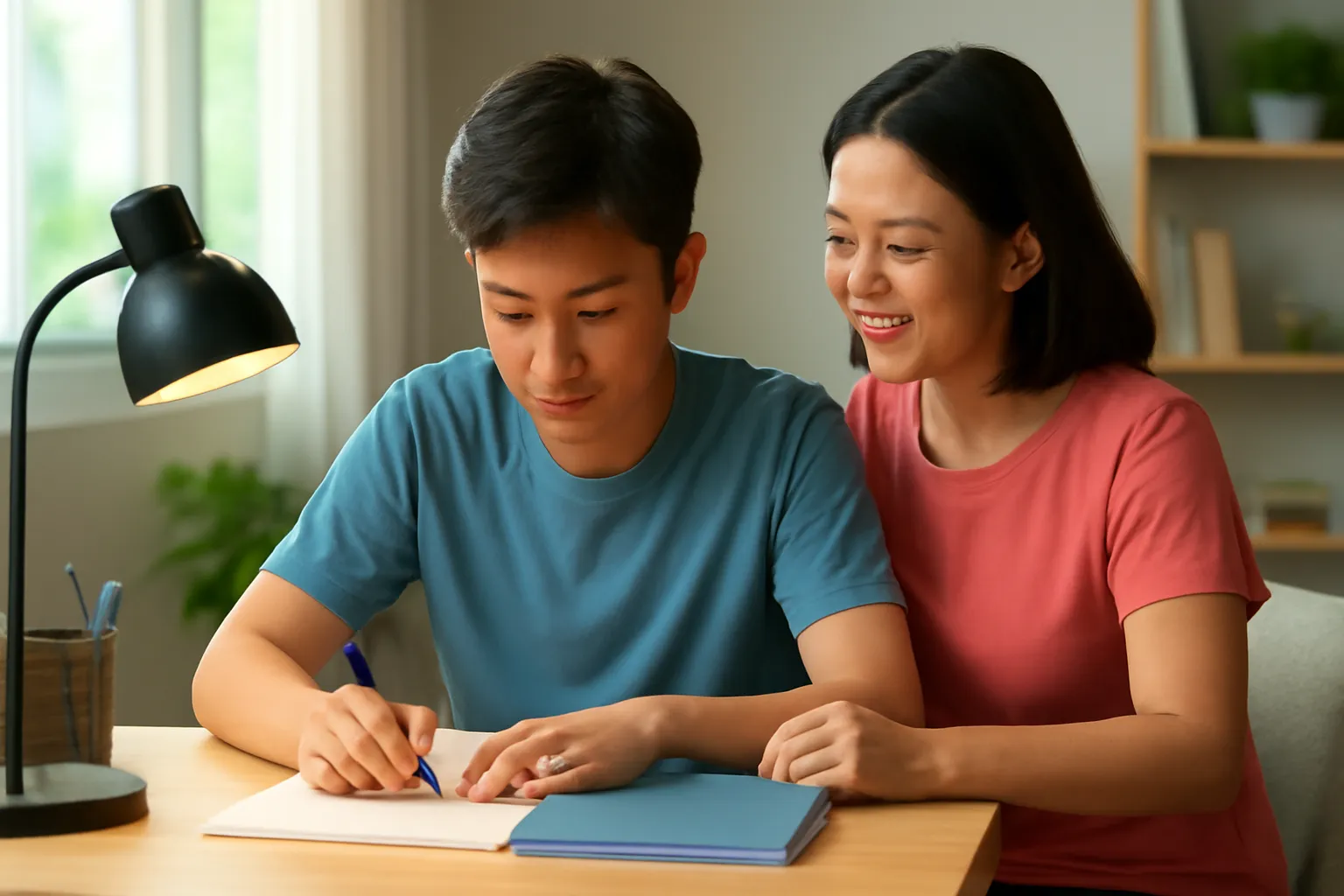 Nam sinh người Việt viết thư giới thiệu bản thân bên bàn học, mẹ ngồi cạnh động viên