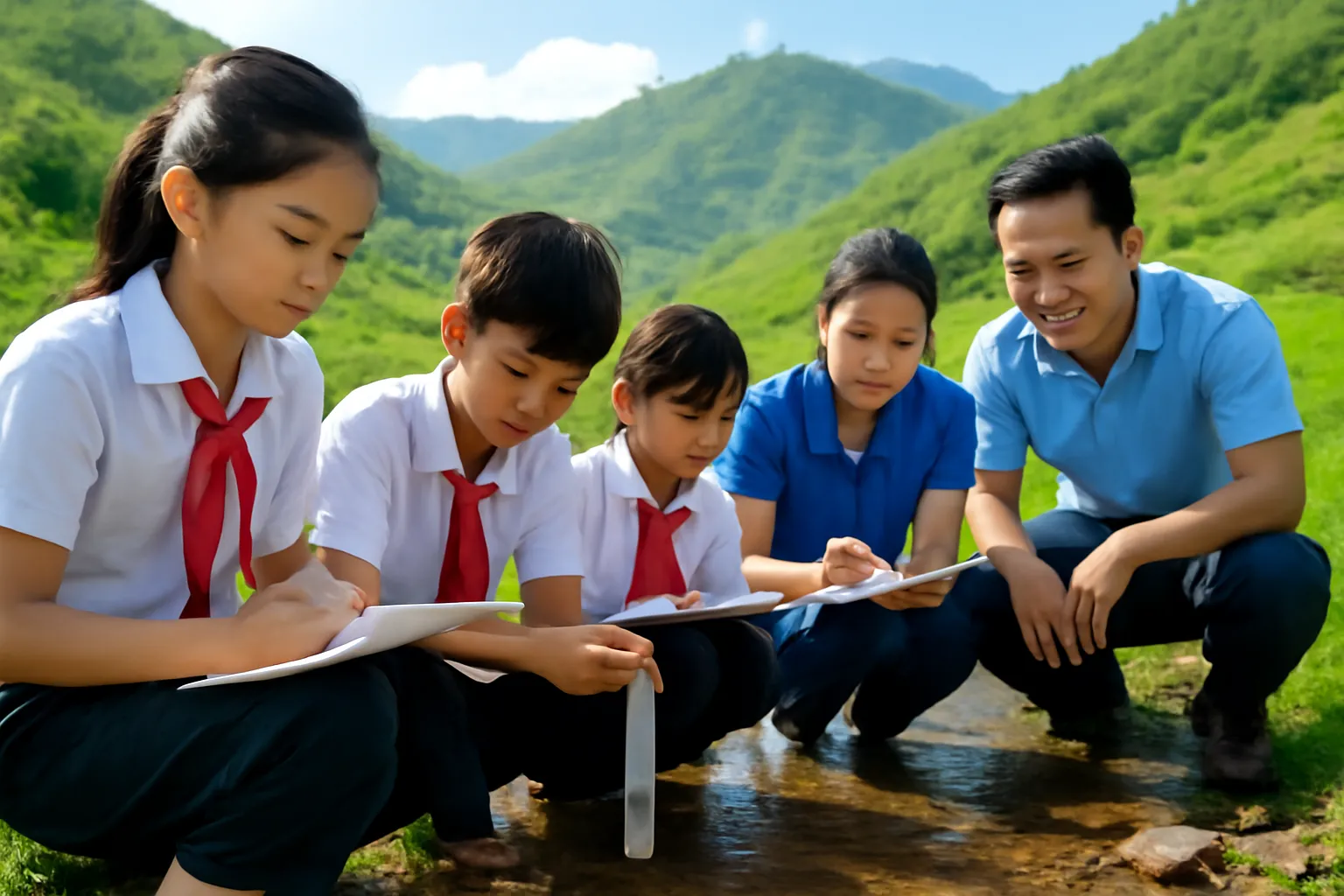 Học sinh và người lớn người Việt ghi chép bên bờ suối, một người cầm ống đo nước