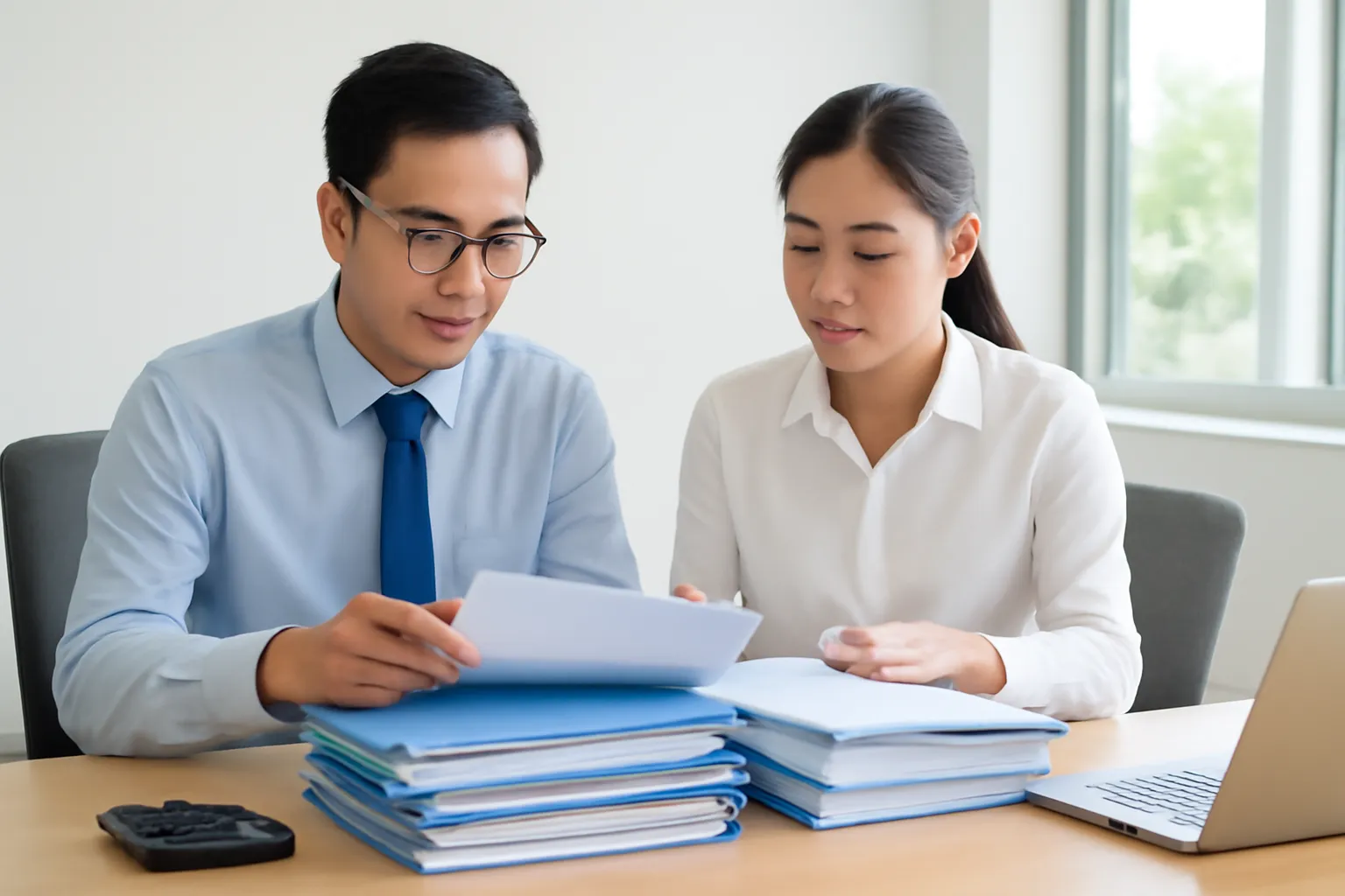 Hai chuyên viên người Việt rà soát hồ sơ giấy tờ trong phòng họp nhỏ sáng sủa