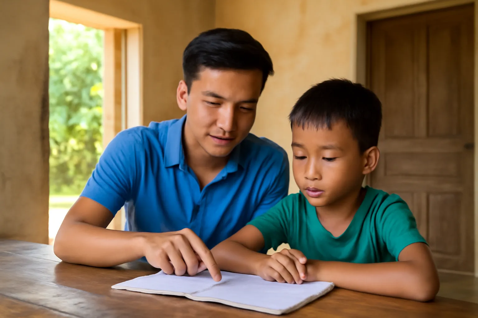 Thanh niên người Việt kèm học cho một em nhỏ bên bàn gỗ ở nhà văn hoá thôn