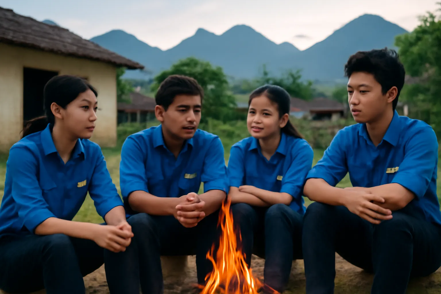 Nhóm bạn trẻ người Việt ngồi quanh đống lửa nhỏ trò chuyện sau một ngày tình nguyện