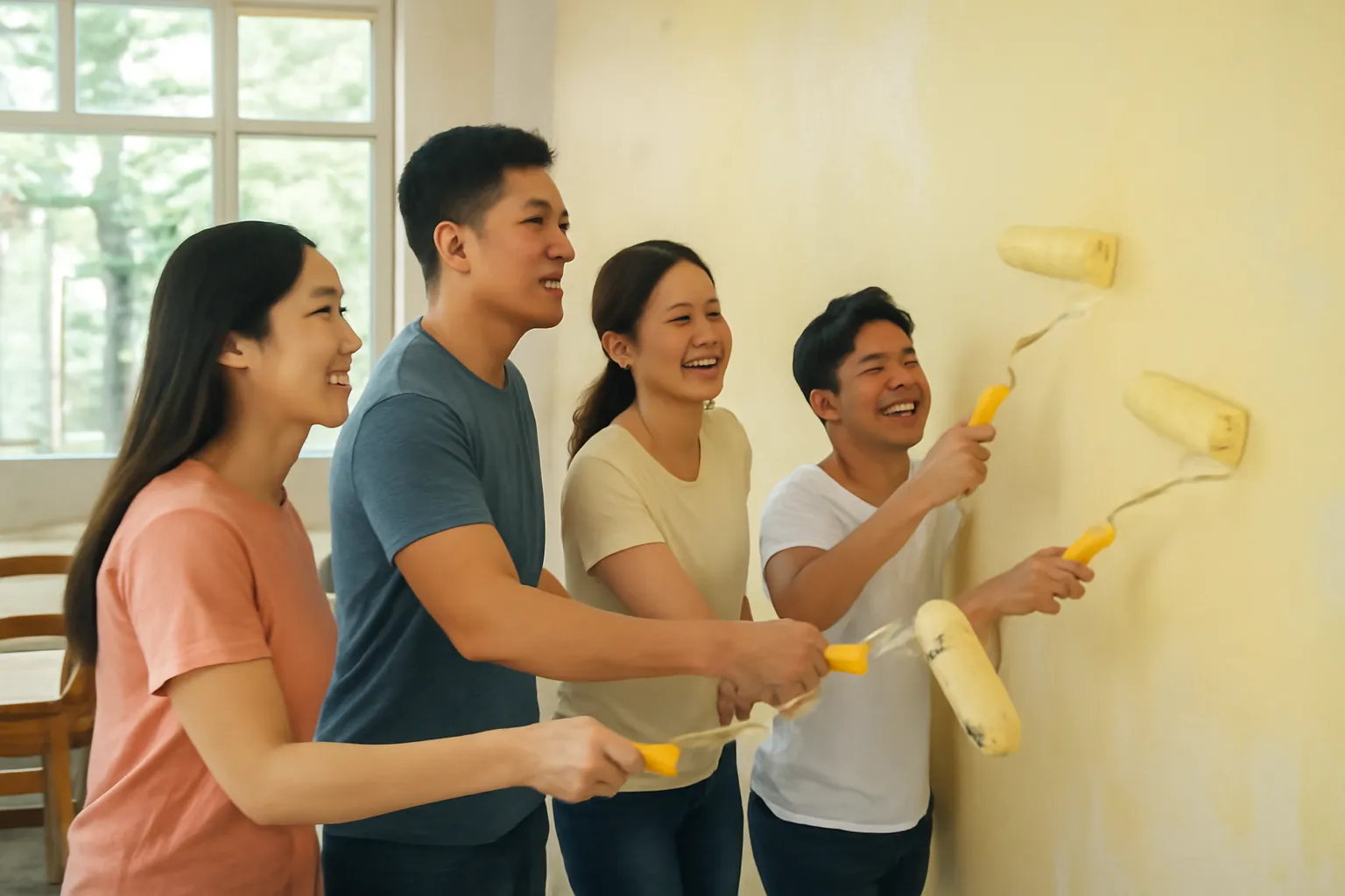 Nhân viên văn phòng người Việt cùng nhau sơn lại tường lớp học, vui vẻ trò chuyện