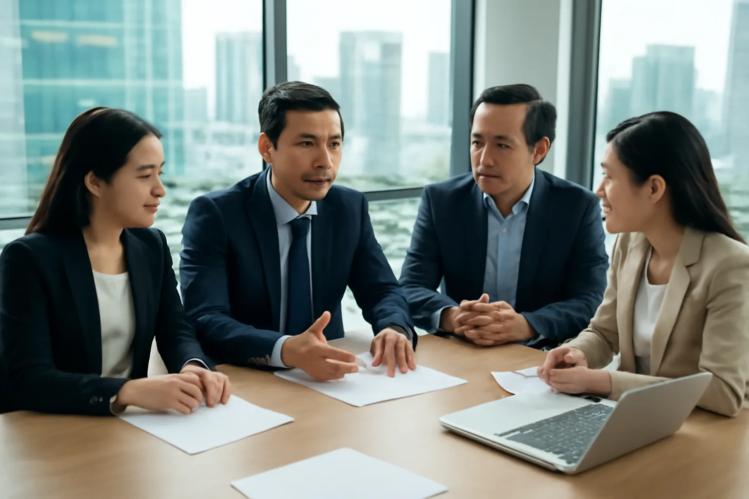 Nhóm lãnh đạo doanh nghiệp người Việt thảo luận kế hoạch bên bàn họp, có tài liệu và laptop