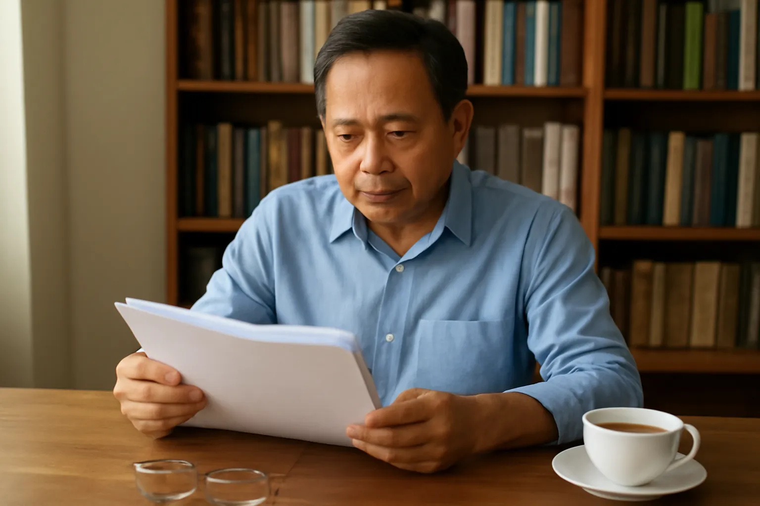 Người đàn ông Việt đọc tập hồ sơ pháp lý tại bàn làm việc gỗ, bên cạnh có kính và ly trà