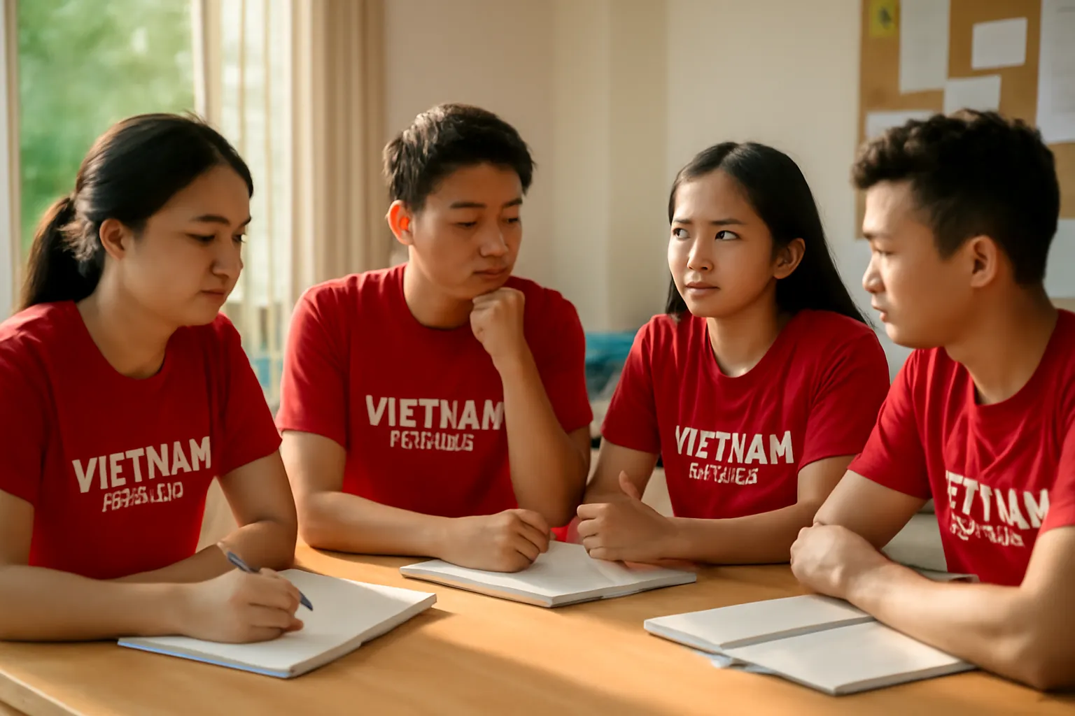 Nhóm bạn trẻ người Việt họp rút kinh nghiệm sau chuyến thiện nguyện, ngồi quanh bàn
