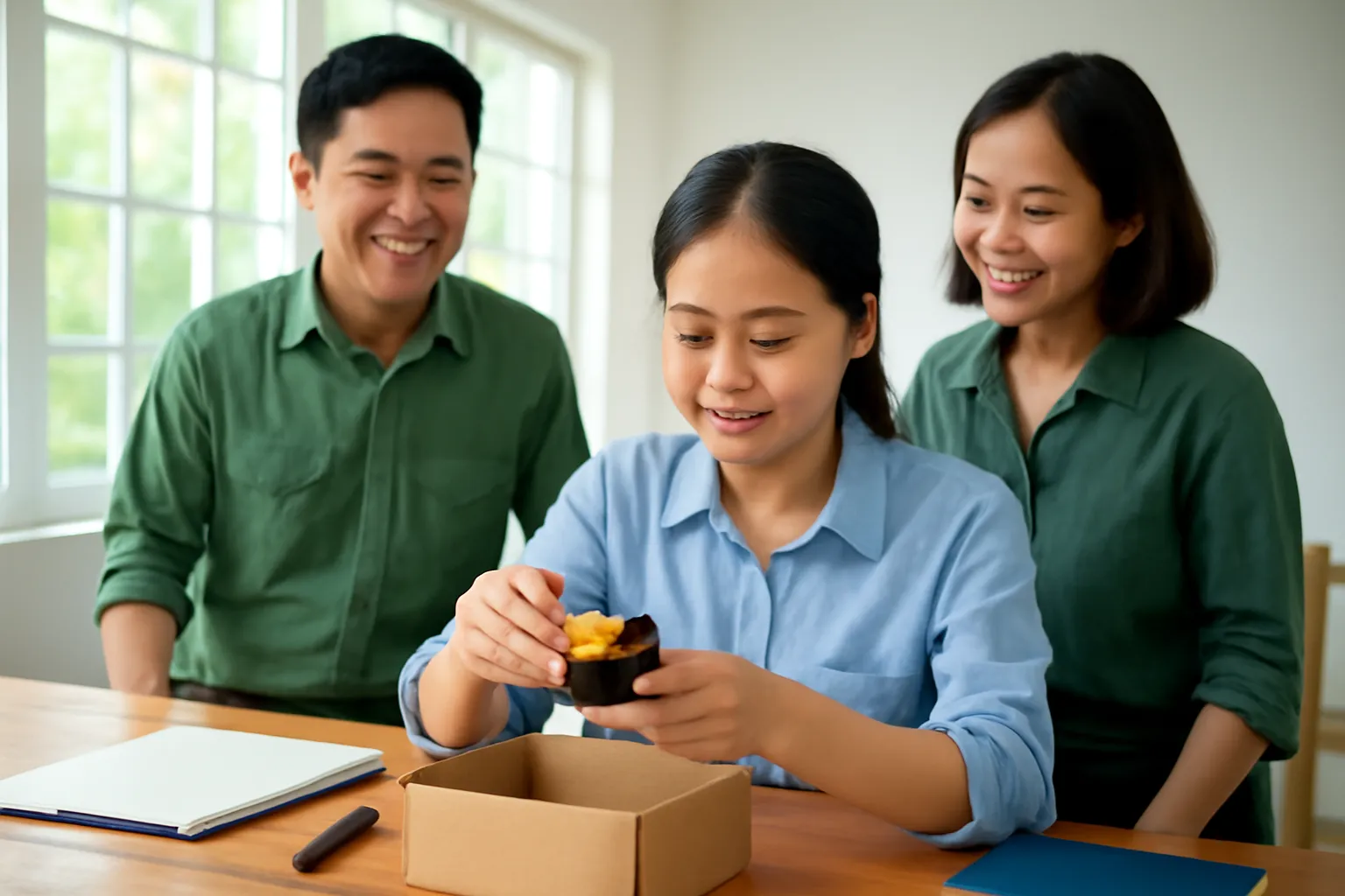Nhà nghiên cứu người Việt mở hộp thiết bị đo mới trên bàn làm việc, đồng nghiệp đứng xem vui vẻ