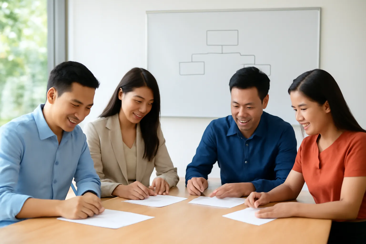 Nhóm sáng lập người Việt ký tên vào hồ sơ trên bàn họp, có sơ đồ quy trình dán trên tường