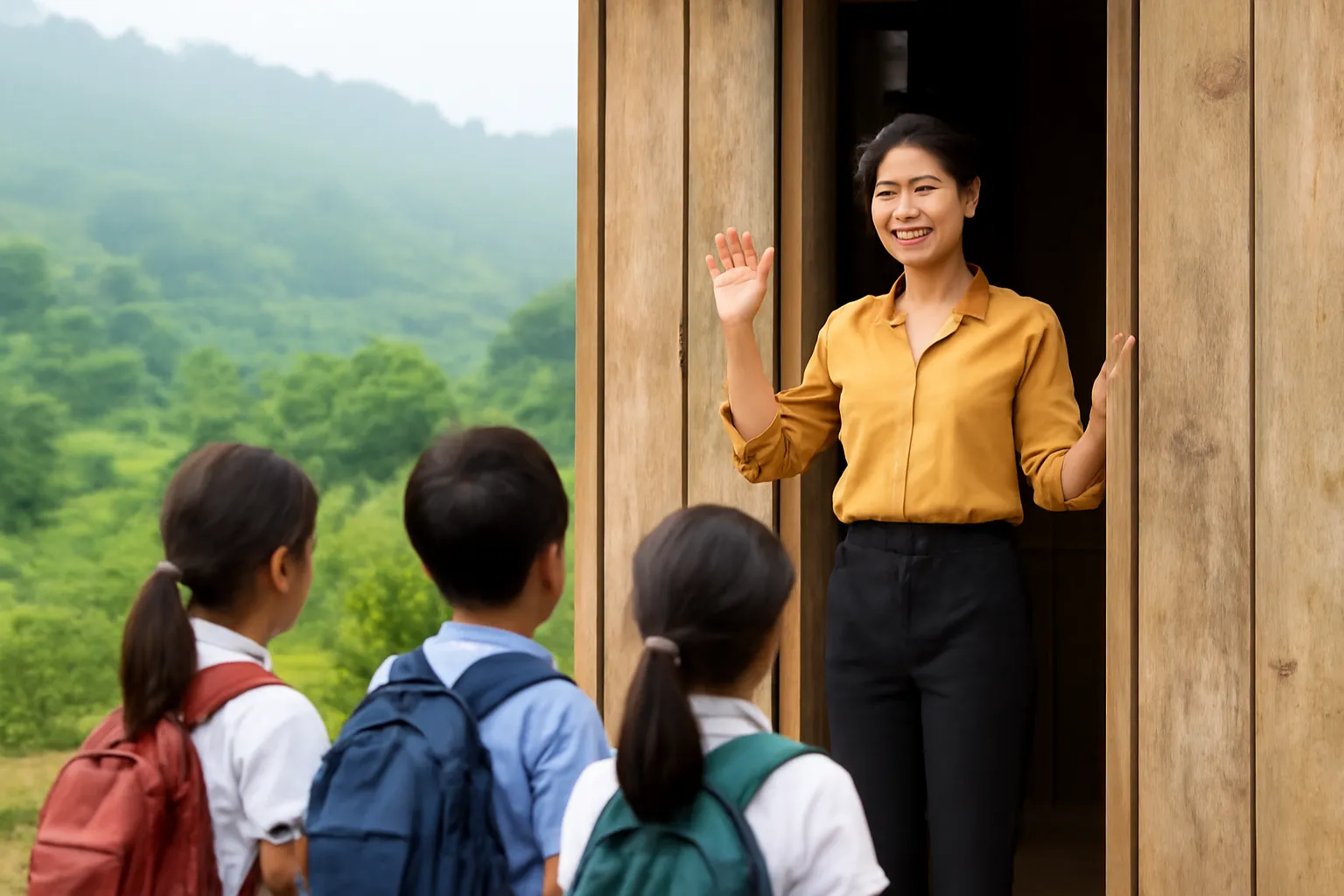 Cô giáo người Việt đứng ở cửa lớp học nhỏ vùng núi đón học sinh buổi sáng sương mù