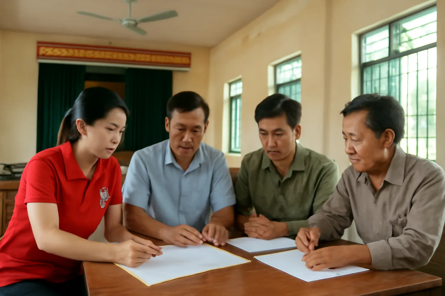 Đại diện nhóm thiện nguyện và cán bộ xã người Việt cùng xem danh sách tại nhà văn hoá thôn