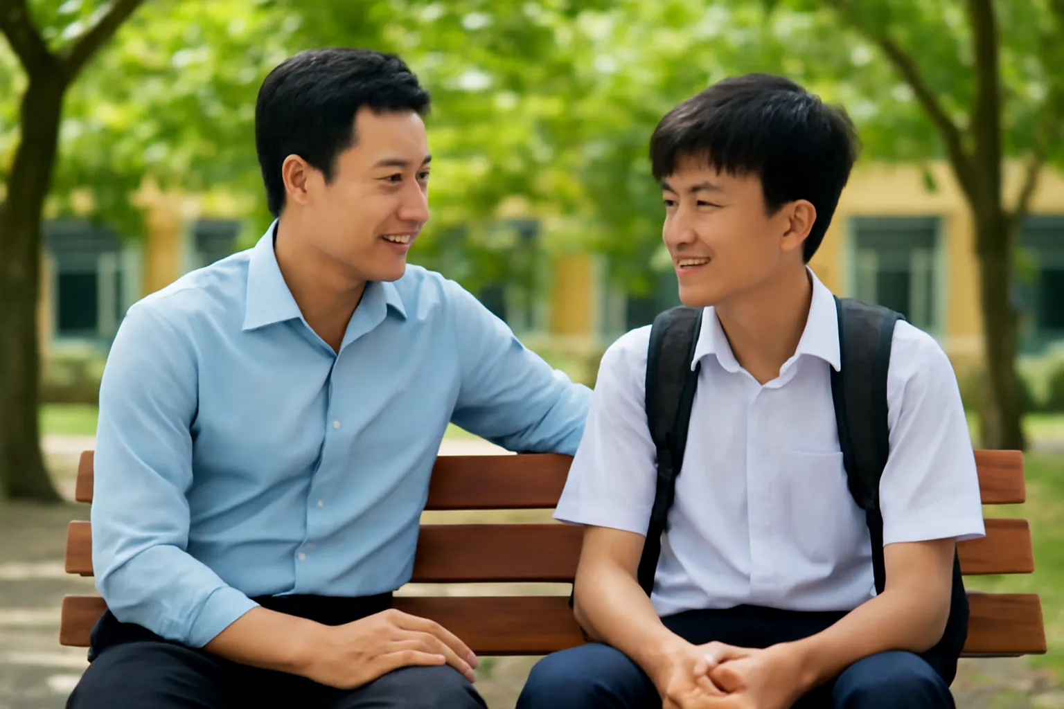 Thầy giáo người Việt trò chuyện riêng với một học sinh trên ghế đá sân trường