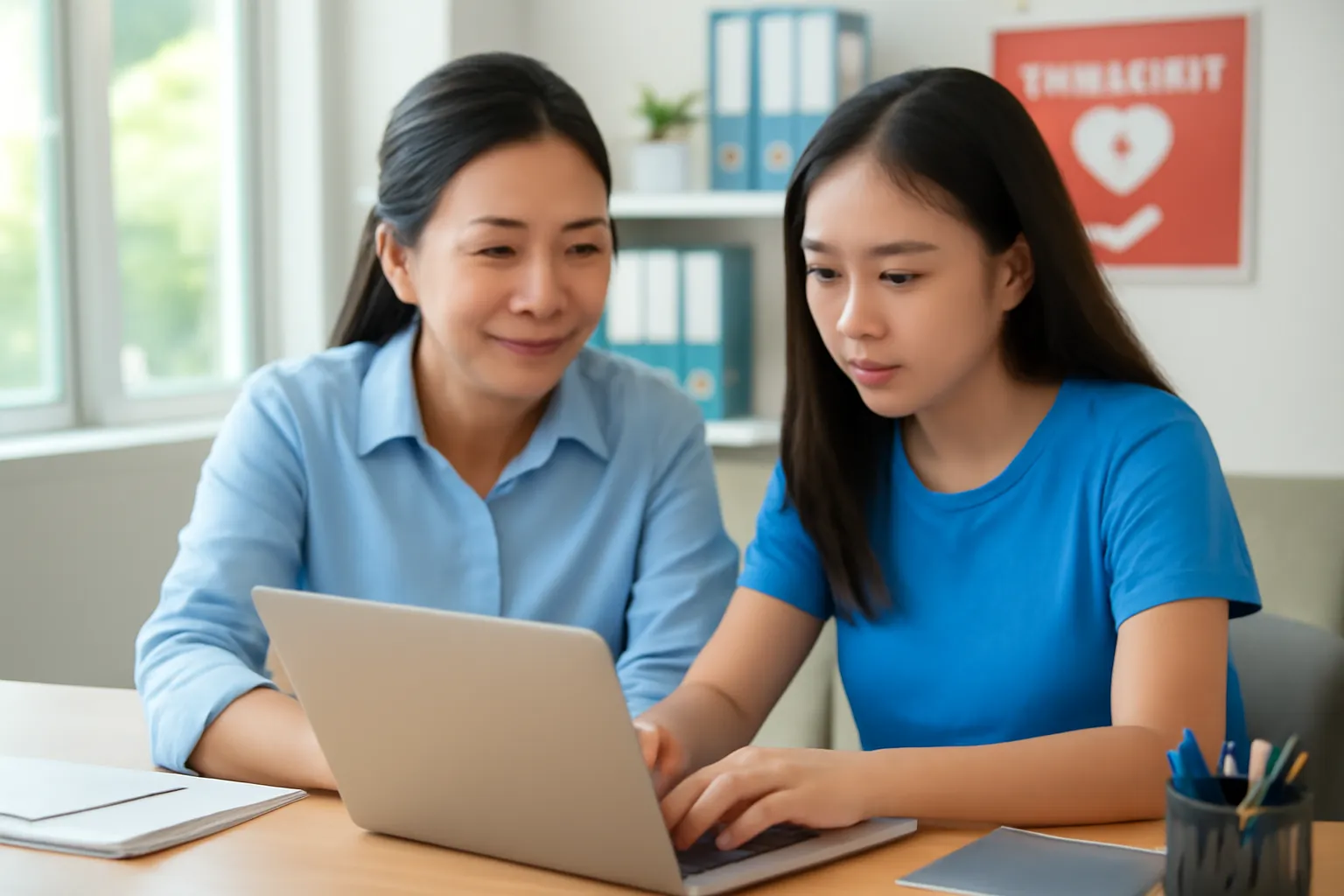 Nữ kế toán người Việt hướng dẫn tình nguyện viên trẻ ghi sổ sách trên máy tính xách tay