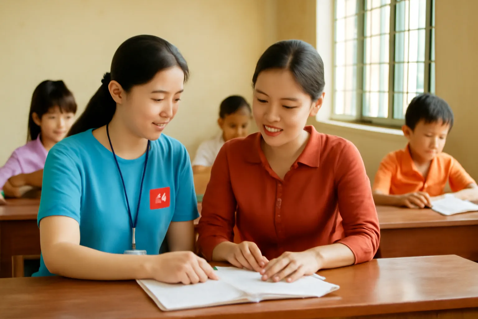 Tình nguyện viên người Việt và giáo viên địa phương cùng xem vở học sinh trong lớp học đơn sơ