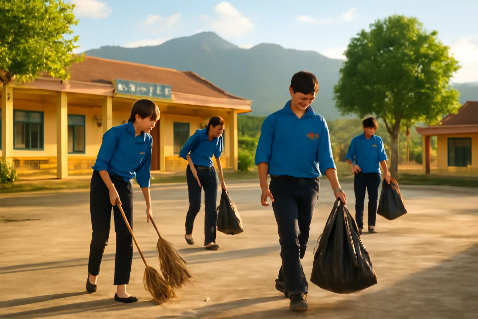 Tình nguyện viên người Việt lặng lẽ quét dọn sân trường sau buổi làm việc, trời chiều