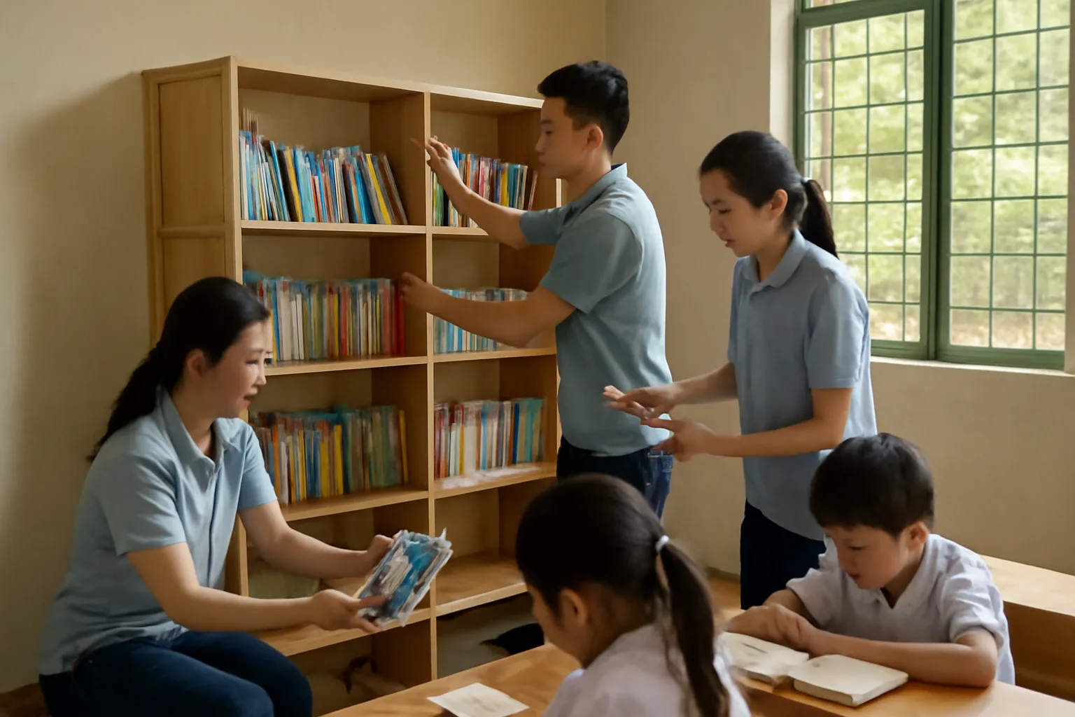Nhóm nhân viên người Việt lặng lẽ sắp xếp sách lên kệ thư viện trường, không có băng rôn