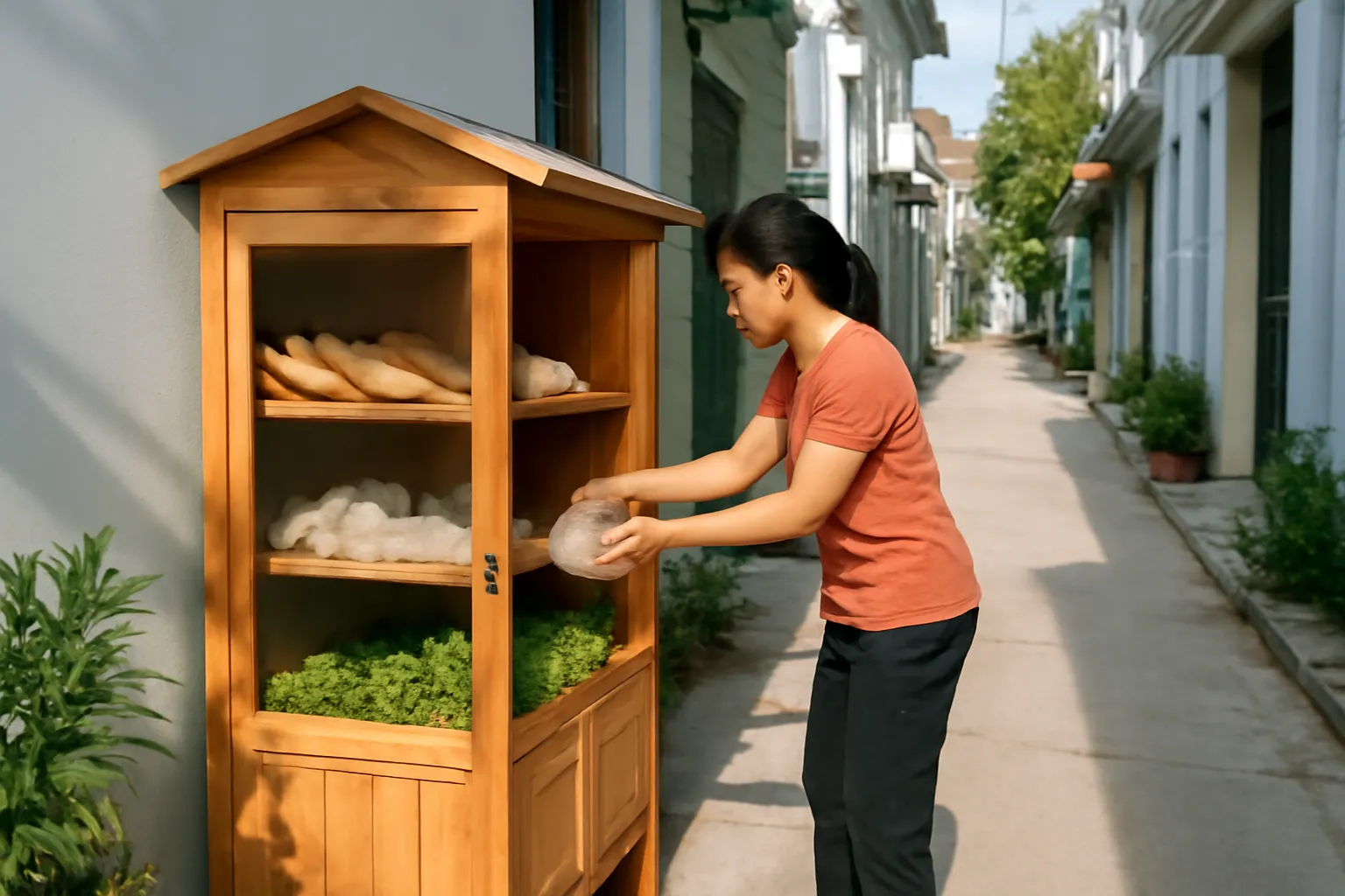 Tủ gỗ chia sẻ đồ dùng đặt trước hiên nhà trong một con hẻm, người dân bỏ đồ vào
