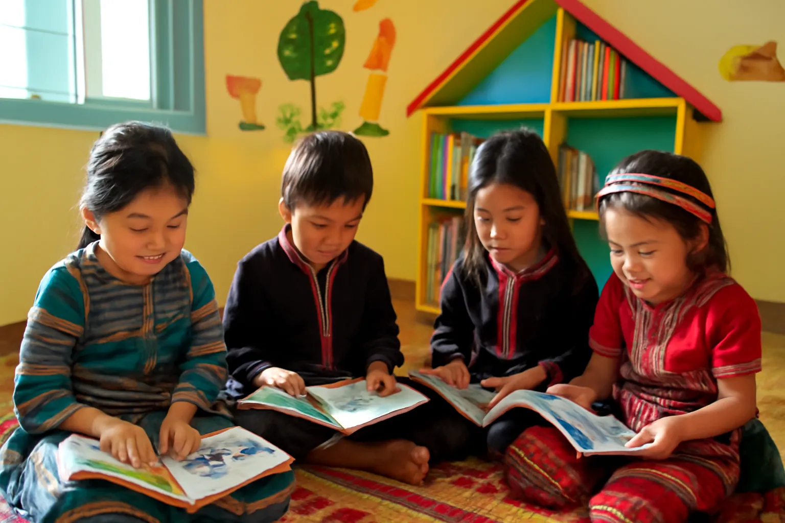 Trẻ em người Việt vùng cao ngồi đọc sách trên chiếu trong góc thư viện nhỏ đầy màu sắc