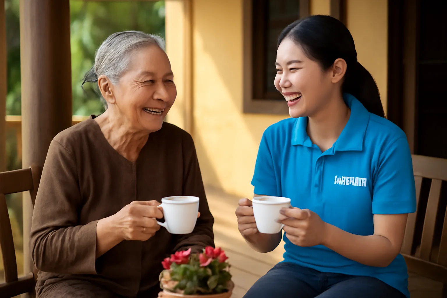 Người phụ nữ Việt lớn tuổi và tình nguyện viên trẻ cười nói bên hiên nhà, cầm tách trà